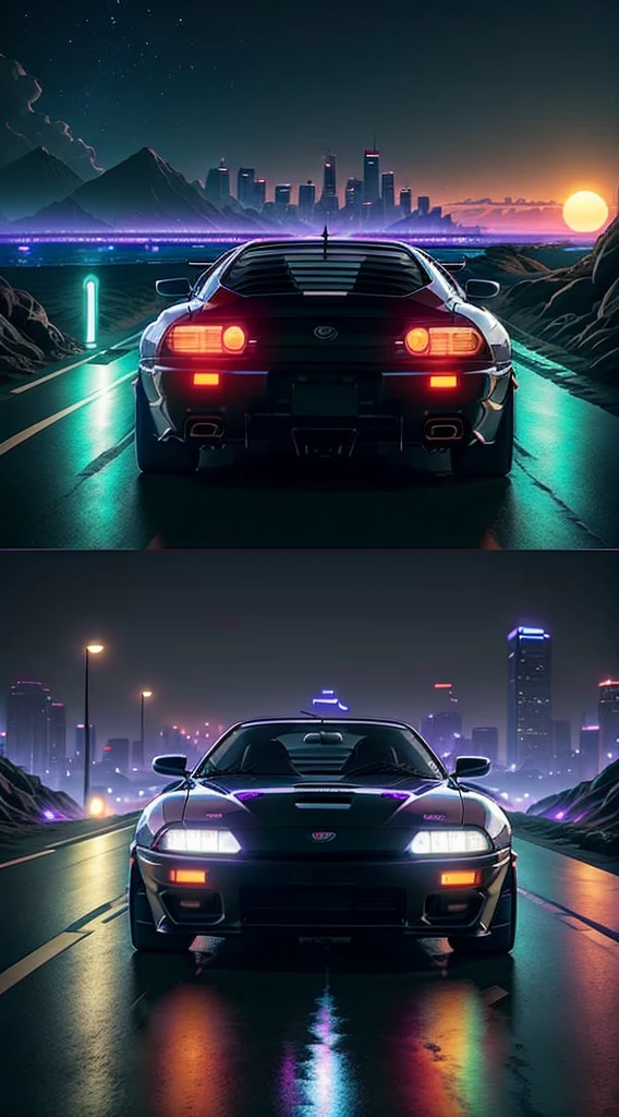 Reverse wave. City, Toyota Supra MK4, wide-body kit, road, purple neon, sun, perfect angle picture
(masterpiece, detailed, high resolution)