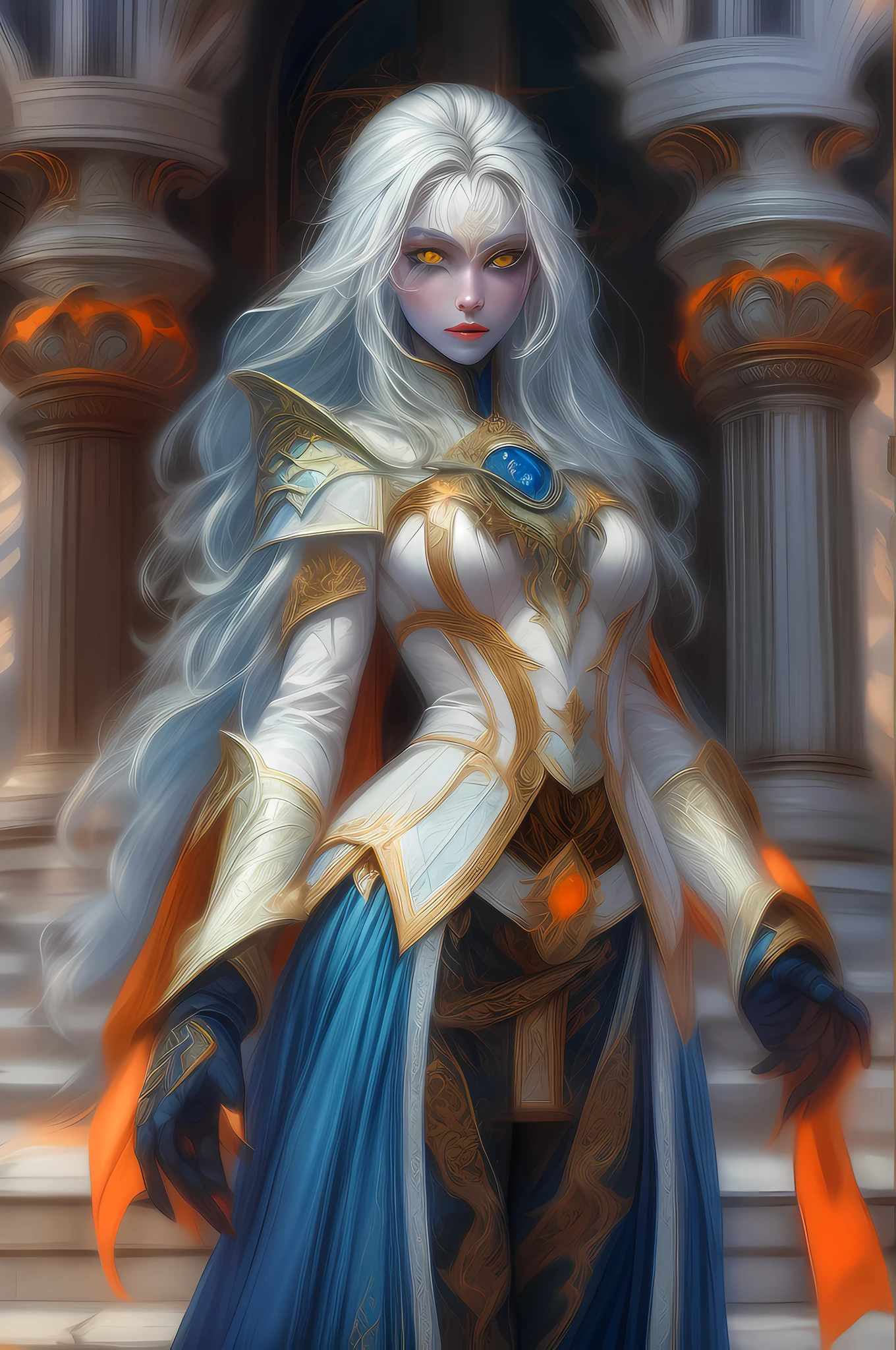 fantasy art, dnd art, RPG art, drkfntasy wide shot, (masterpiece:1.3), full body intense details, highly detailed, photorealistic, best quality, highres, portrait a vedalken female (fantasy art, Masterpiece, best quality: 1.3) (dark blue colored skin: 1.3), intense details facial detail fantasy art, Masterpiece, best quality)cleric, (blue colored skin: 1.3) 1person blue_skin, (white hair: 1.3), long hair, intense green eye, fantasy art, Masterpiece, best quality) armed a fiery sword red fire, wearing heavy (white: 1.3) half plate mail armor LnF wearing high heeled laced boots, wearing an(orange :1.3) cloak, wearing glowing holy symbol GlowingRunes_yellow,  within fantasy temple background and sun and clouds, reflection light, high details, best quality, 16k, [ultra detailed], masterpiece, best quality, (extremely detailed), dynamic angle, ultra wide shot, photorealistic, RAW, fantasy art, dnd art, fantasy art, realistic art
