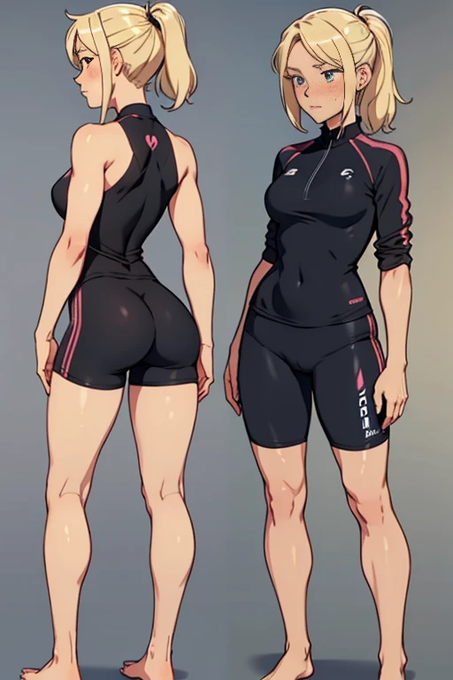 Front and back full body photo of a beautiful, barefoot, lucky ones, blushing blonde woman, who wears short black training clothes.