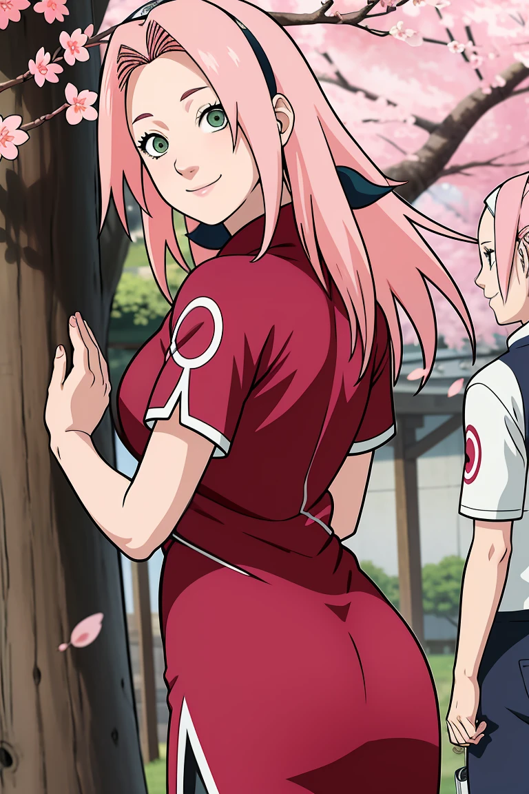 巨作， Best quality at best， 1girll， sakura haruno， medium breasts, smile，With pink hair， Long hair waiter， （Green eyeballs:1.4)， Front protection， Cherry trees，Cherry blossoms flying，red cleft thigh dress, Tight cropped trousers , Uniform body, tight pants, from back, ass focus, Lifting skirt