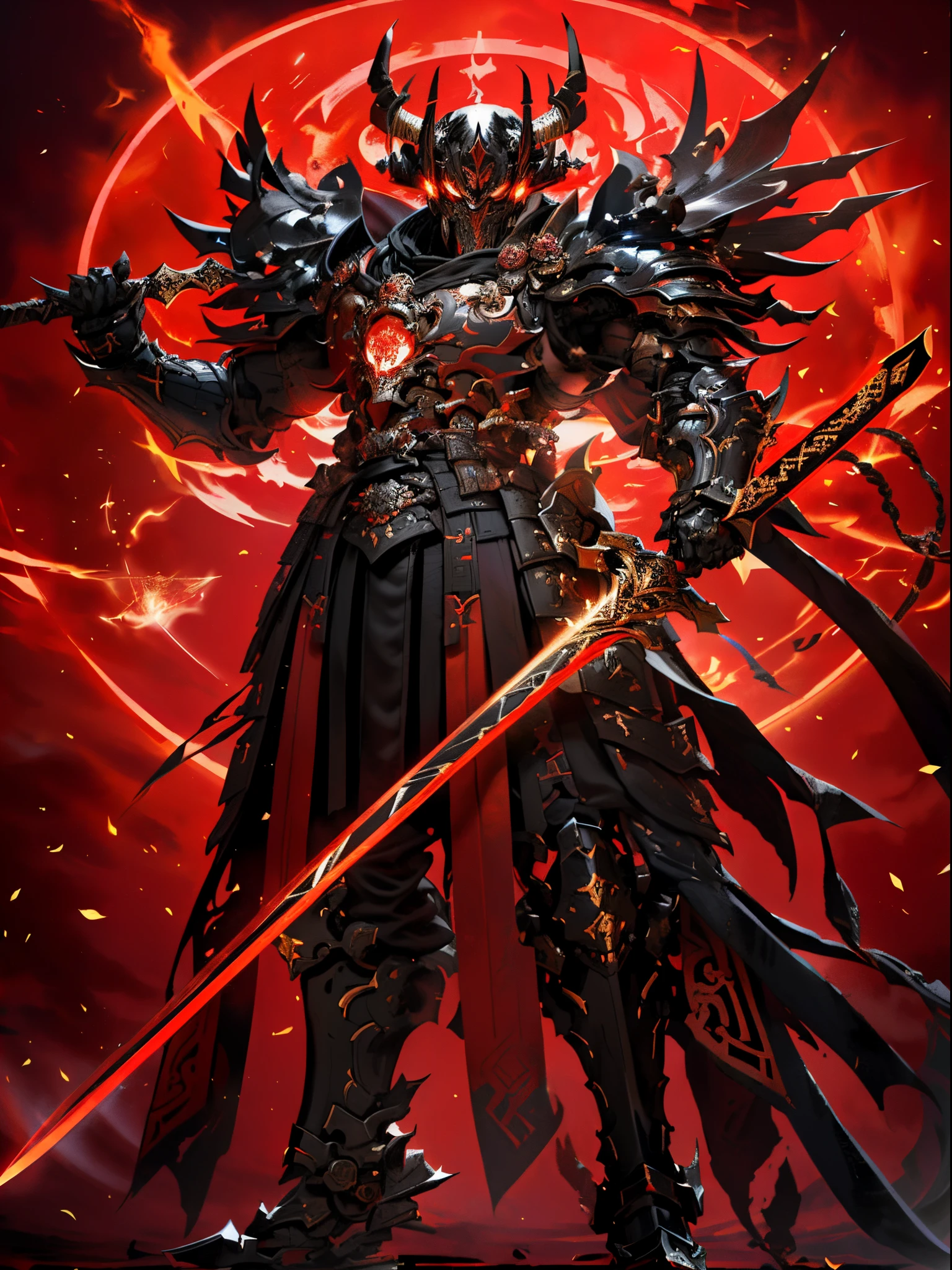 a close up of a person holding a sword and a red light, ruler of inferno, beautiful male god of death, black fire color reflected armor, demon samurai warrior, demon samurai, keqing from genshin impact, king of time reaper, ares with heavy armor and sword, lord of cinder, red demon armor, black and red armor, blood red armor