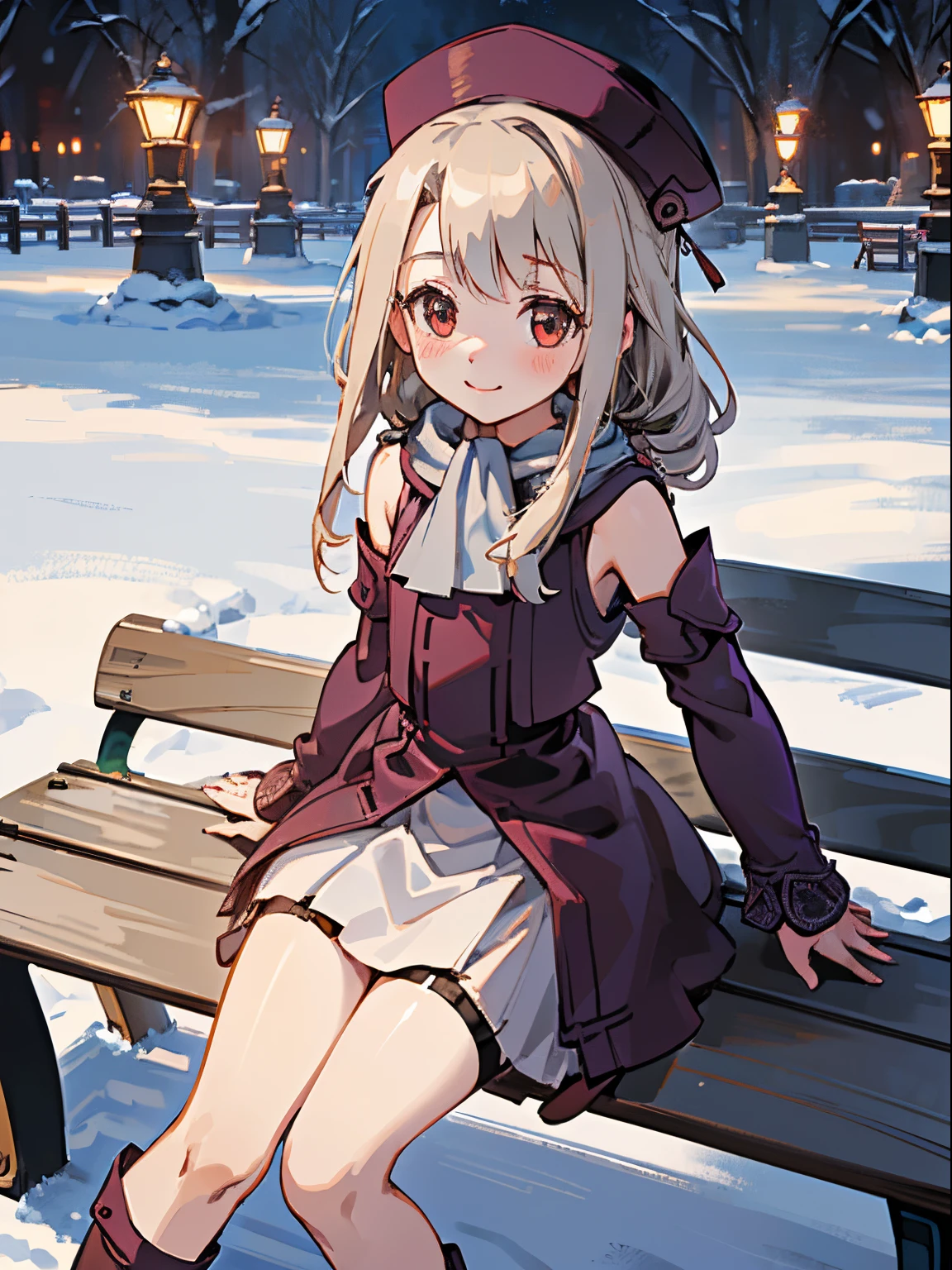 1girl, high quality, best quality, illustration, masterpiece, (highly detailed:1.2), (extremely detailed:1.3), flat chest, winter clothing, sleeveless, detachable sleeve, thigh high skirt, young girl, braid, petite, ****, outdoor, snowy park, winter, detailed arms, innocent smile, selfie, sitting on park benches, specular lighting, moisturized skin