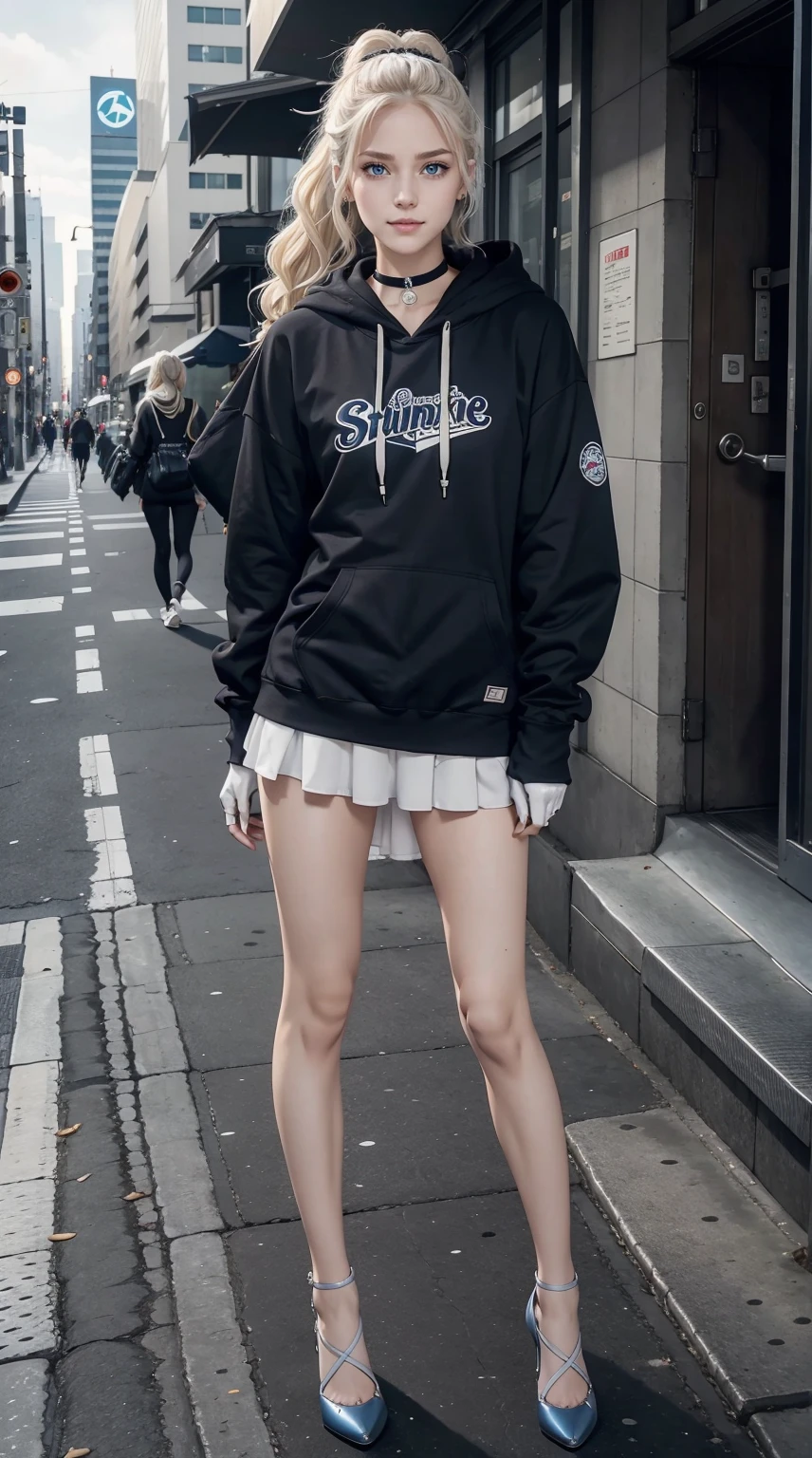 25-year-old Caucasian woman、platinum-blonde、blue eyess、Semi-long、My hair is wavy、Hair is tied up、Wearing a hair band、accessories on the wrist、wearing a choker、a smile、slim muscular body、I don't want my head to disappear from the screen.、Wearing a dress、I'm wearing low-rise hot pants、Wearing gloves without fingertips、wearing a hoodie、I'm wearing pin heels、on the street sidewalk