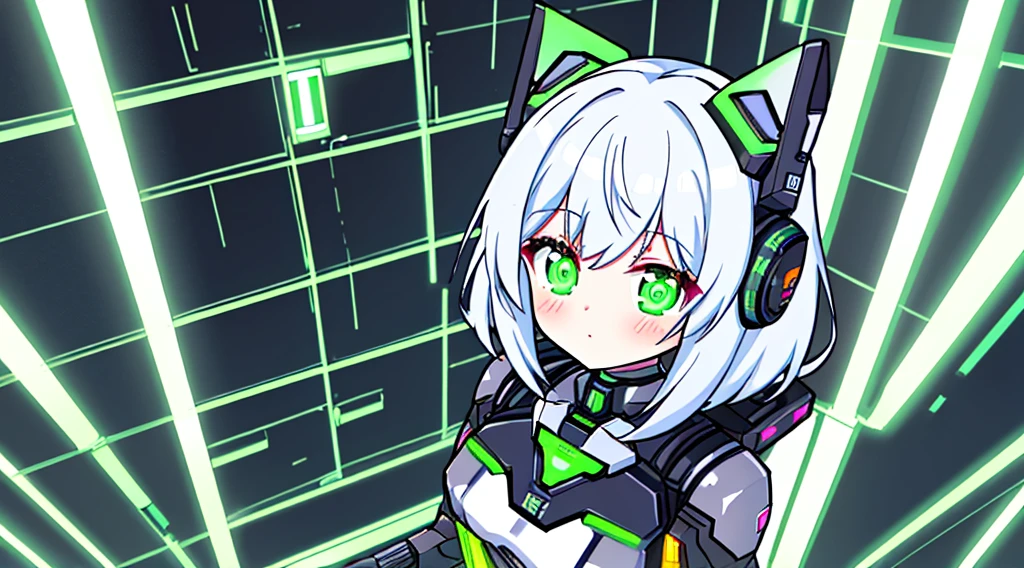 (From directly above、Overhead view)cybersuit, Cyberpunk anime girl mecha, cyborg - girl with silver hair, Cyborg girl, 动漫赛博朋克艺术, Perfect Anime Cyborg Woman, Digital cyberpunk anime artwork background green neon light.、Detailed Cyber City、Angle directly above