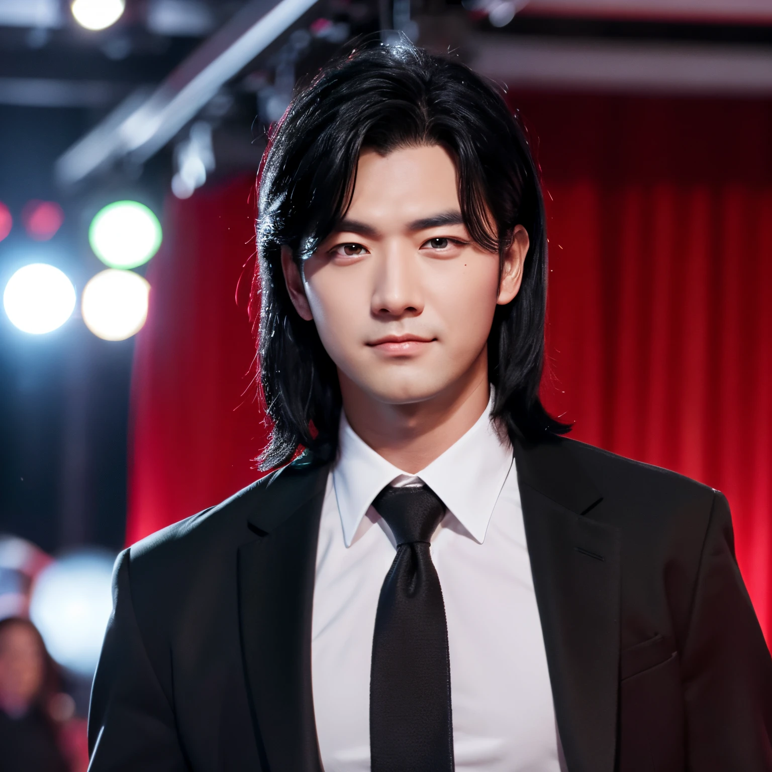 A handsome man with jet black hair and red eyes