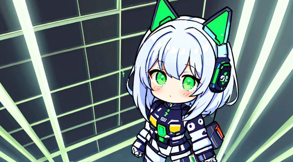 (From directly above、Overhead view)cybersuit, Cyberpunk anime girl mecha, cyborg - girl with silver hair, Cyborg girl, 动漫赛博朋克艺术, Perfect Anime Cyborg Woman,  Digital cyberpunk anime artwork background green neon light.、Detailed Cyber City、Angle directly above