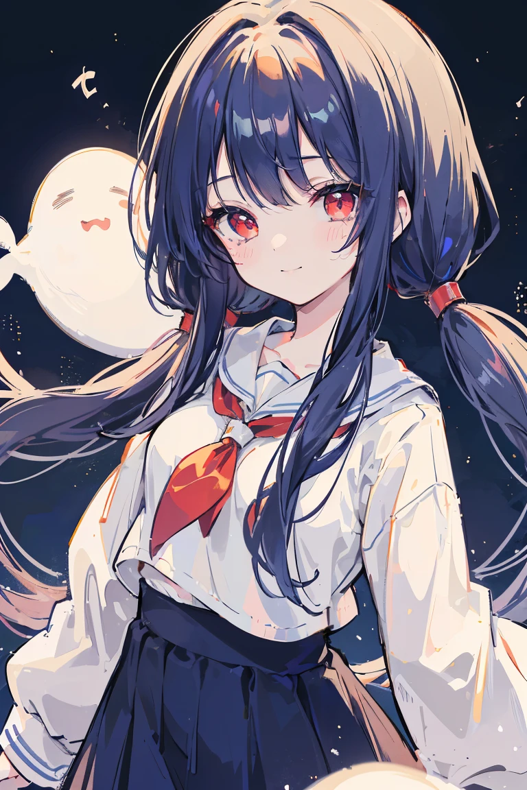 1girl, Masterpiece, young girl, hiquality, (navy blue hair), (straight hair), ((up Twintail)), Long hair, red eyes, ((Deatil face)), in night, (Flying over), (flying in the sky), ((with ghosts)), (Cute ghosts) in a white jumper, (Smiling)