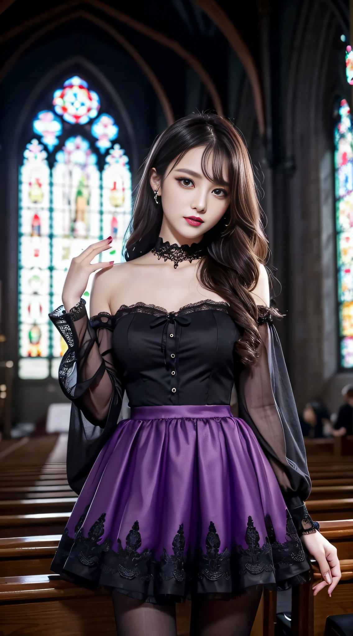 LTRA Details、Fascinating beauty、Dainty woman、Cool Girl、Wavy Hair、Black chiffon dress、Wide sleeves、flered skirt、Black pantyhose、Evil Female Executive、Evil Fall、brainwash、lacy fabric、Glossy legs、black lipstick、Evil look、Suspicious look、Hollow eyes、wicked、Reaching out、Arms up、In the Church、Palm forward、Purple Lipstick、Pendants、Two Women、Brainwashing device、Pendants