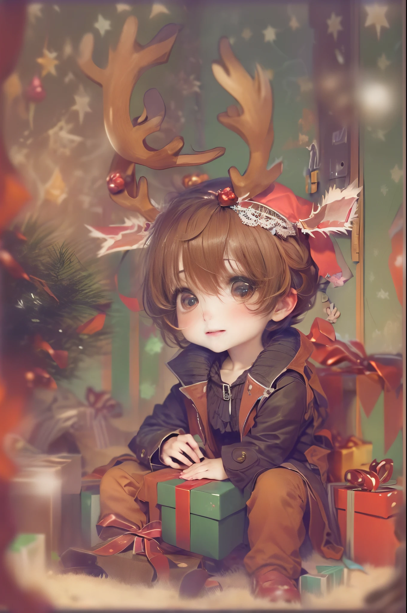 1boys, malefocus, gifts, has cleavage, Libido boy, Alone, christmas, Brown eyes, deer antlers, Santa hat, Gift box, brunette color hair, box, Reindeer antlers, Be red in the face, ssmile, Gamine, tchibi, Brown hair, sitted, short detailed hair