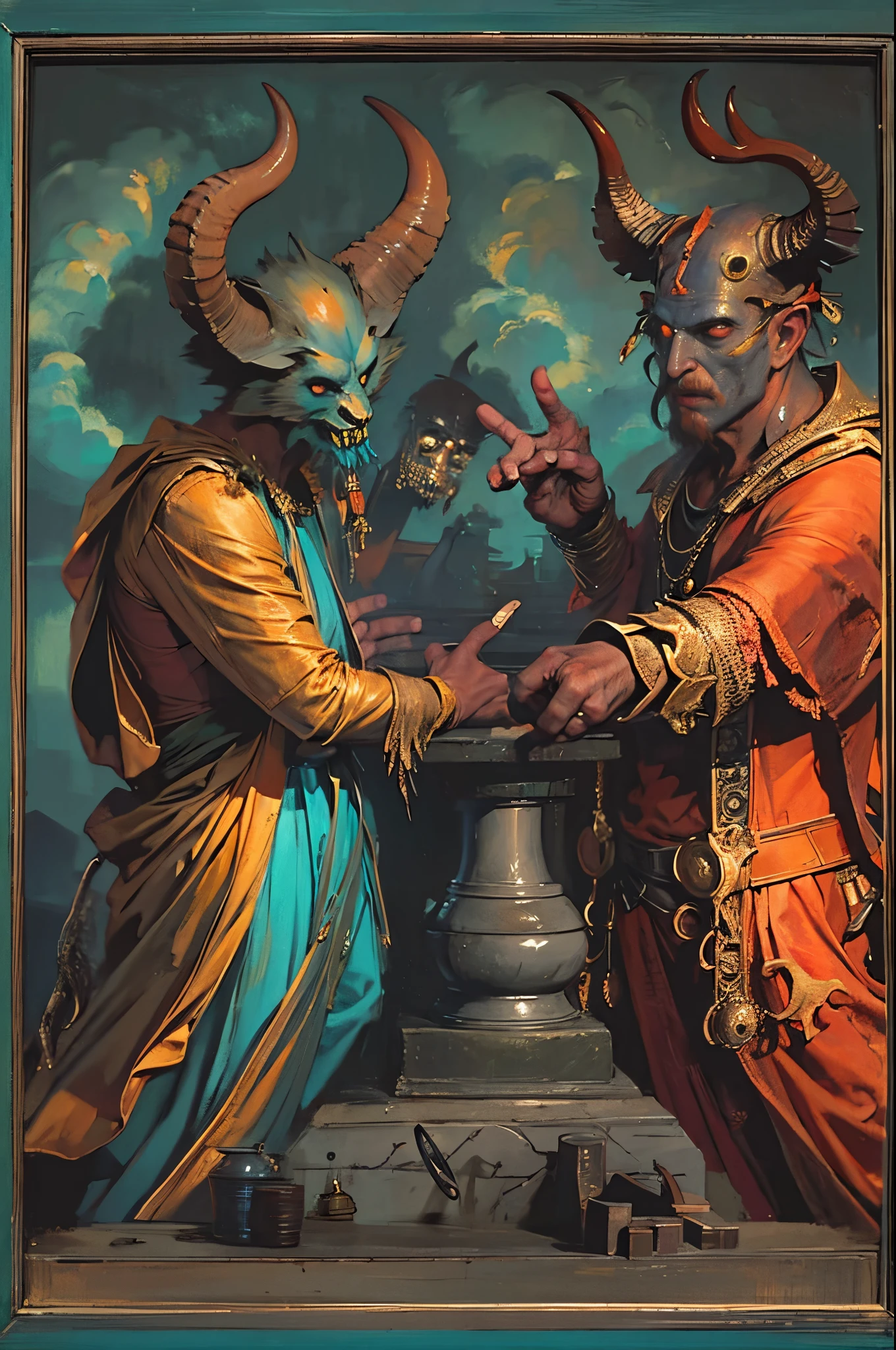 pre-rephaëlite painting, Classicism, fading border, masterpiece, ccurate, award winning,D14bl0 style depiction,The deal between man and devil,man reveals soul,Surrealism, drop shadow, stereogram, tachi-e, pov, atmospheric perspective, 8k, super detail, ccurate, best quality,(greg rutkovsky:0.8), (cyan and orange:0.4),