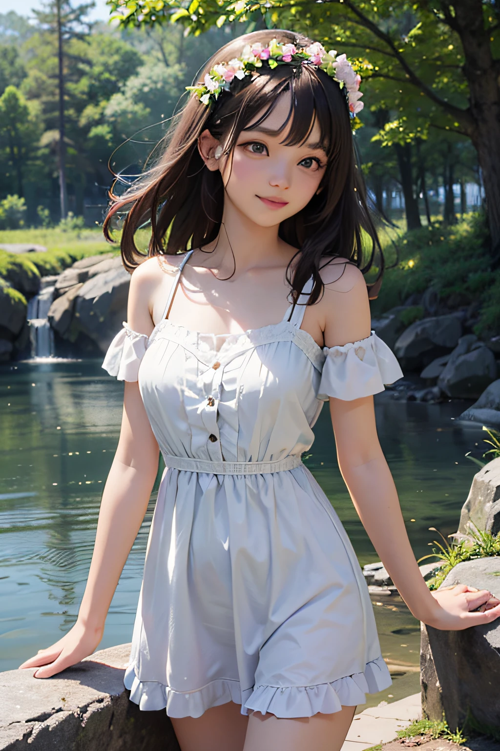 (scenic outdoor lake setting), (sunlit pier), young adult female, casual summer fashion, ((dipping legs into the lake)), relaxed pose, breezy hairstyle, subtle makeup, (lightweight fabric, flowing dress), nature-inspired colors, serene expression, (background: lush greenery, distant mountains), warm afternoon light, (sense of tranquility and connection with nature) (masterpiece, best quality:1.4),reggae theme