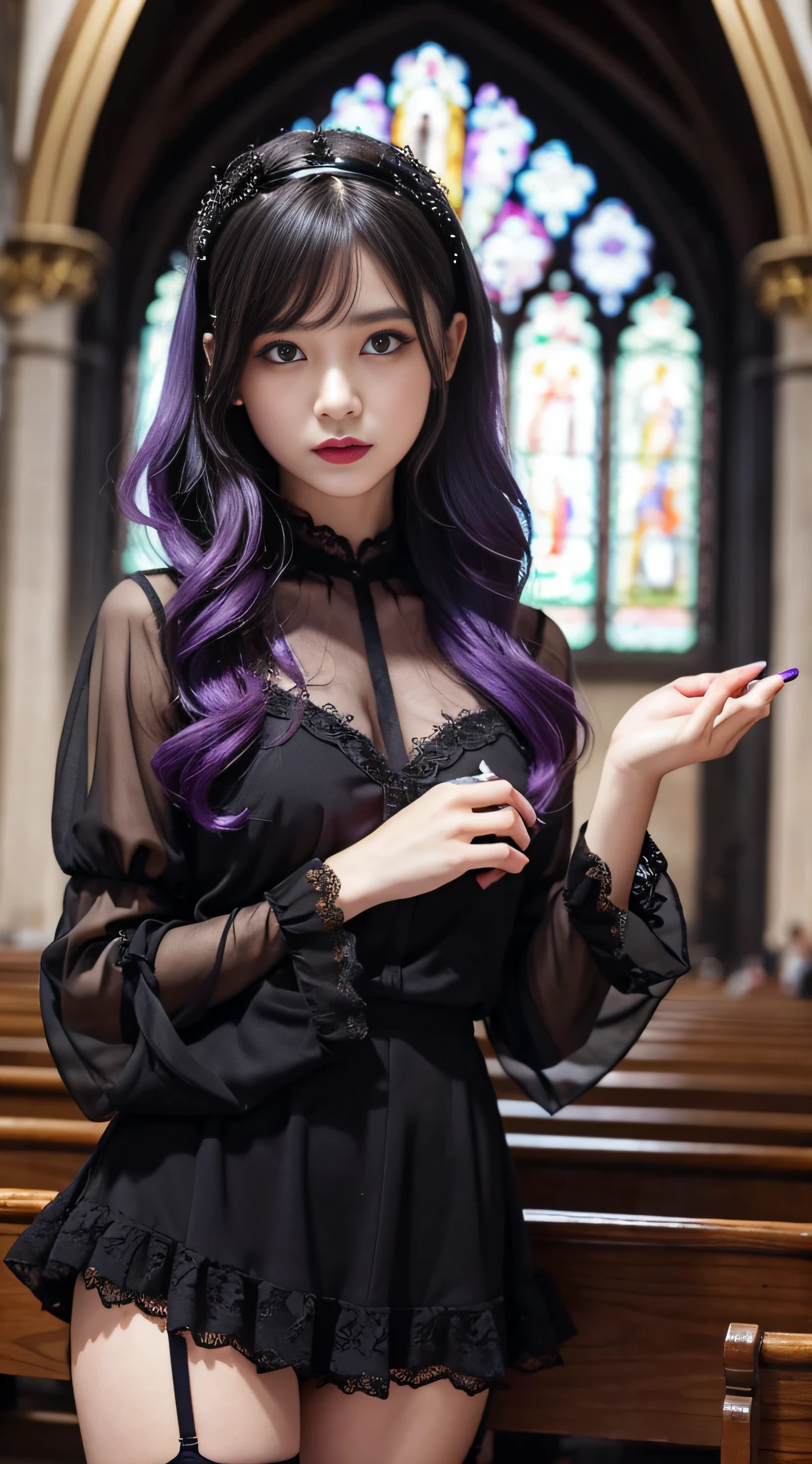 LTRA Details、Fascinating beauty、Dainty woman、Cool Girl、Wavy Hair、Black chiffon dress、Wide sleeves、flered skirt、Black pantyhose、Evil Female Executive、Evil Fall、brainwash、lacy fabric、Glossy legs、black lipstick、Evil look、Suspicious look、Hollow eyes、wicked、Reaching out、Arms up、In the Church、Palm forward、Purple Lipstick