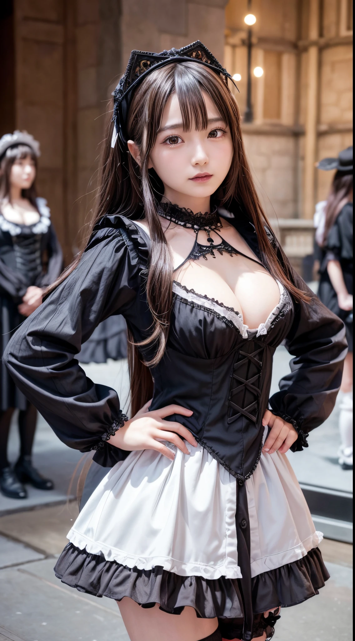 8K, 16K, absurdres, masterpiece, best quality, ultra detailed, hyper detailed, a girl, smiling, walking, hands on hips, looking at viewer, long hair, medium hair, brown hair, droopy eyes, shiny skin, detailed skin, detailed face, glamorous, voluptuous, beautiful breasts, (gothic ta:1.3), delicate facial features, japanese idol, 20-year-old, japanese, on stage, with a castle, with a tower, photorealistic, ultra realistic photo, raw photo, cowboy shot, from front, dynamic angle, ground-level shot, sharpen, cinematic lighting