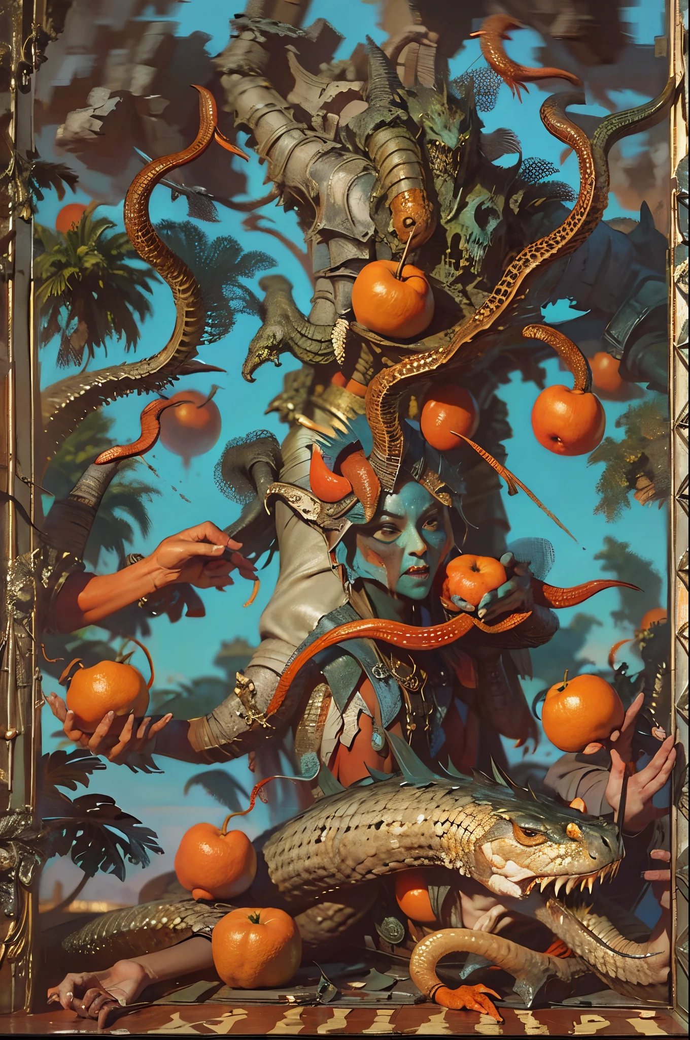 pre-rephaëlite painting, Classicism, fading border, masterpiece, ccurate, award winning,D14bl0 style depiction,The devil turned into a snake and tempted Adam and Eve to eat the fruit of wisdom.,Epic war fantasy digital art,Surrealism, drop shadow, stereogram, tachi-e, pov, atmospheric perspective, 8k, super detail, ccurate, best quality,(greg rutkovsky:0.8), (cyan and orange:0.4),