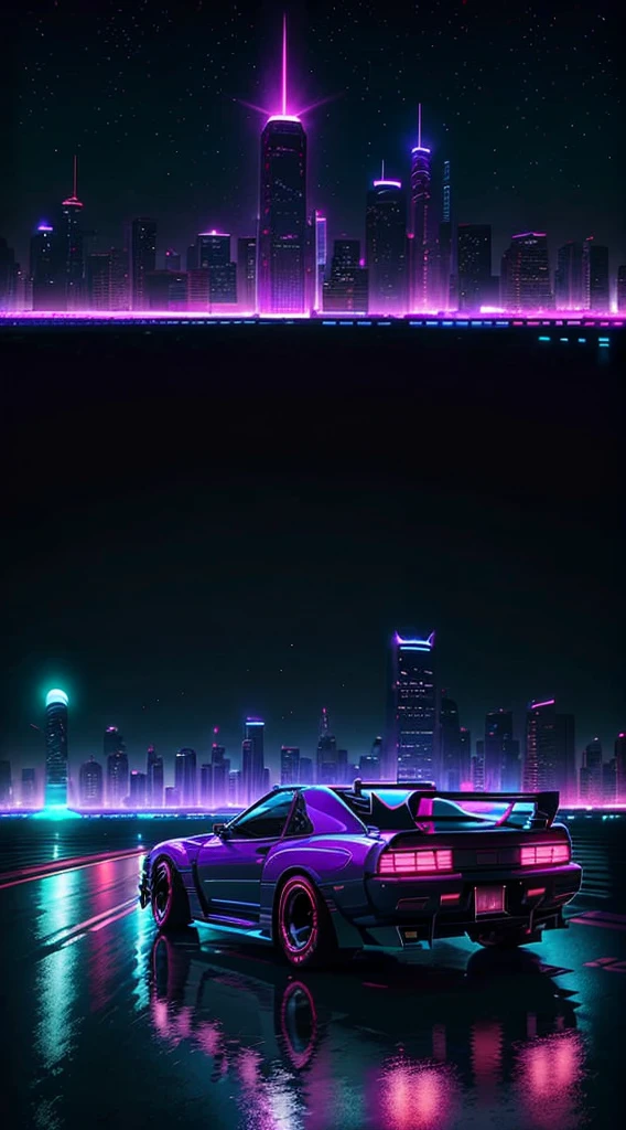 retrowave. city, Nissan Skyline GTR, wide body kit, road, purple neon lights, sun, greatest buildings,
(masterpiece,detailed,highres),