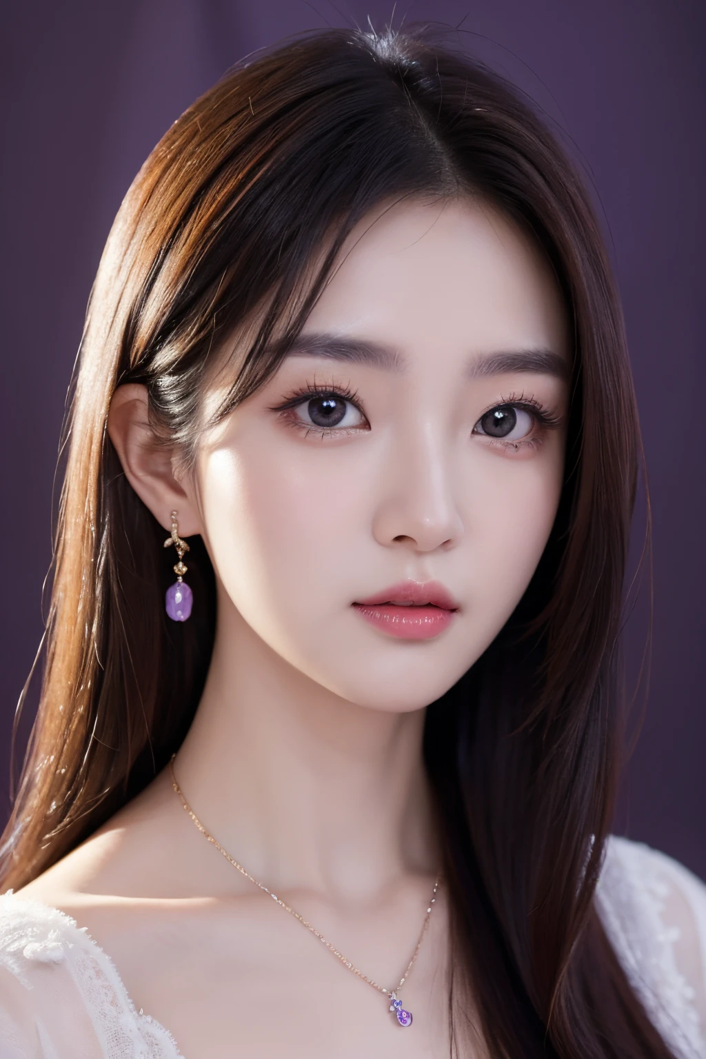 （（Best quality at best，8K，tmasterpiece：1.3）Korean girl’s Christmas painting，She has a sweet and elegant temperament。Her eyes were bright and focused，awas，The hair  purple，Wear purple gemstone necklace and earrings。portrait photo of