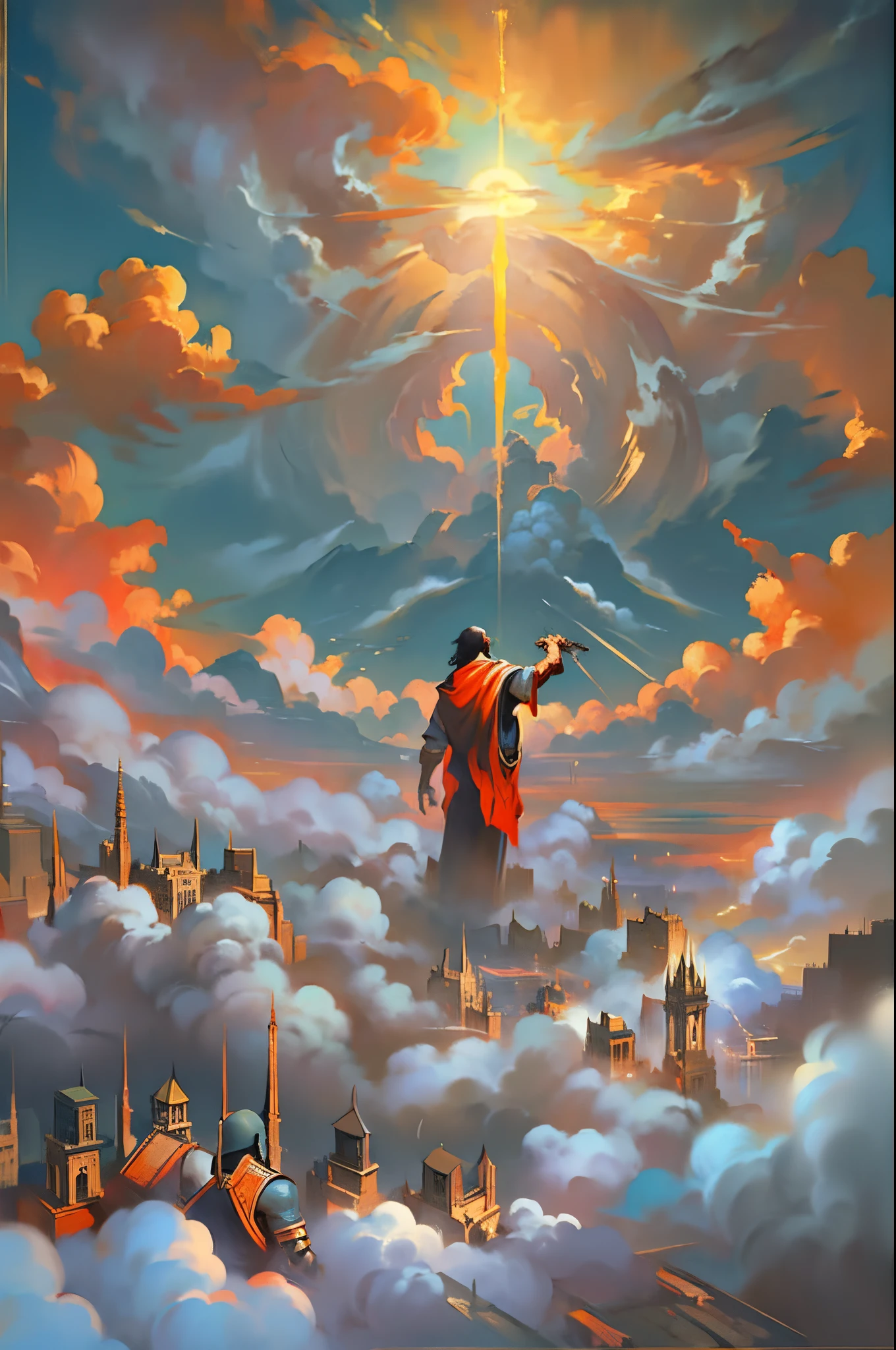 pre-rephaëlite painting, Classicism, fading border, masterpiece, ccurate, award winning,D14bl0 style depiction,Genesis,God reaches out his saving hand to man in the clouds,Epic war fantasy digital art,Surrealism, drop shadow, stereogram, tachi-e, pov, atmospheric perspective, 8k, super detail, ccurate, best quality,(greg rutkovsky:0.8), (cyan and orange:0.4),
