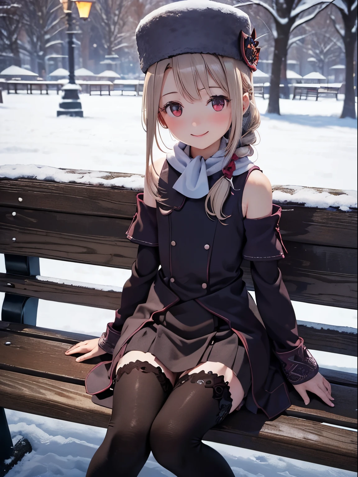 1girl, high quality, best quality, illustration, masterpiece, (highly detailed:1.2), (extremely detailed:1.3), flat chest, winter clothing, sleeveless, detachable sleeve, thigh high skirt, young girl, braid, petite, loli, outdoor, snowy park, winter, detailed arms, innocent smile, selfie, sitting on park benches, specular lighting, moisturized skin