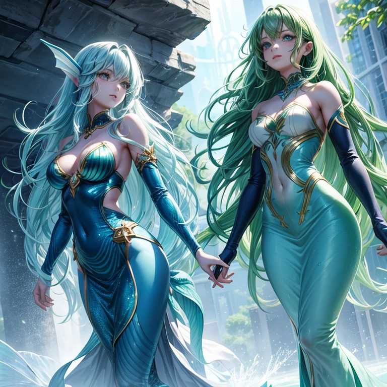 Blue skin mermaid female with legs ,green wavy hair. Standing up