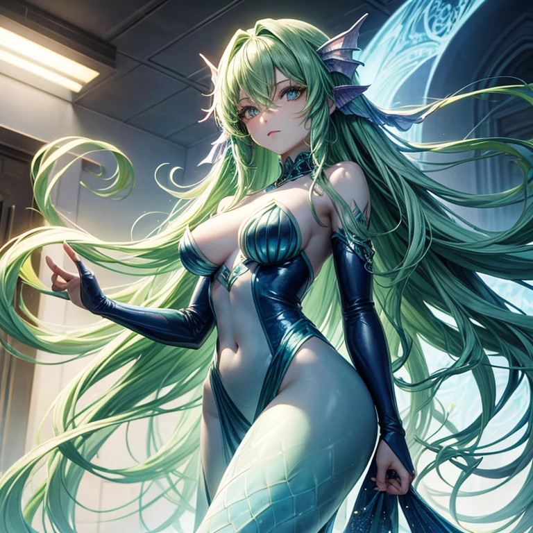 Blue skin mermaid female with legs ,green wavy hair. Standing up