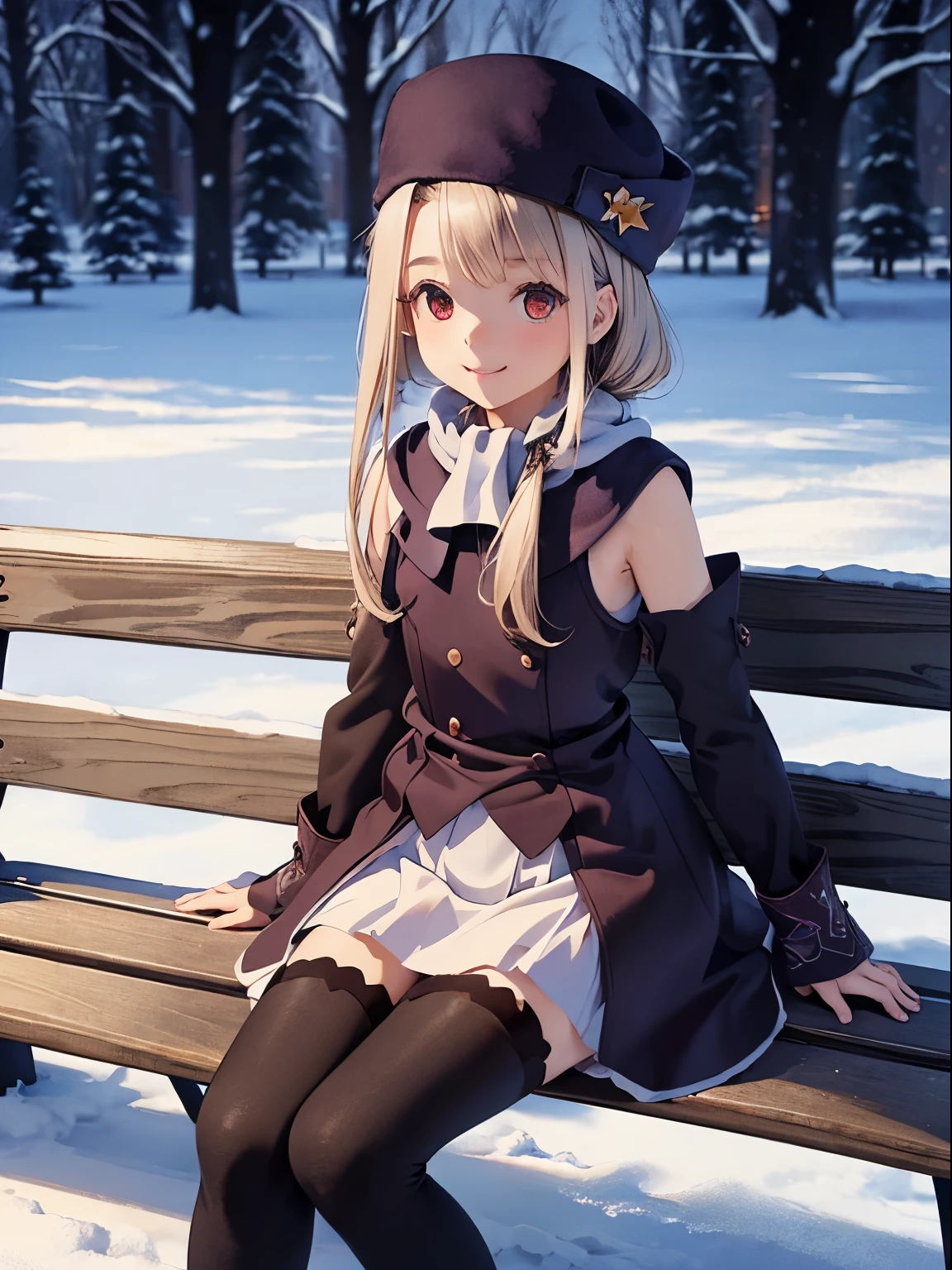 1girl, high quality, best quality, illustration, masterpiece, (highly detailed:1.2), (extremely detailed:1.3), flat chest, winter clothing, sleeveless, detachable sleeve, thigh high skirt, young girl, braid, petite, li, outdoor, snowy park, winter, detailed arms, innocent smile, selfie, sitting on park benches, specular lighting, moisturized skin