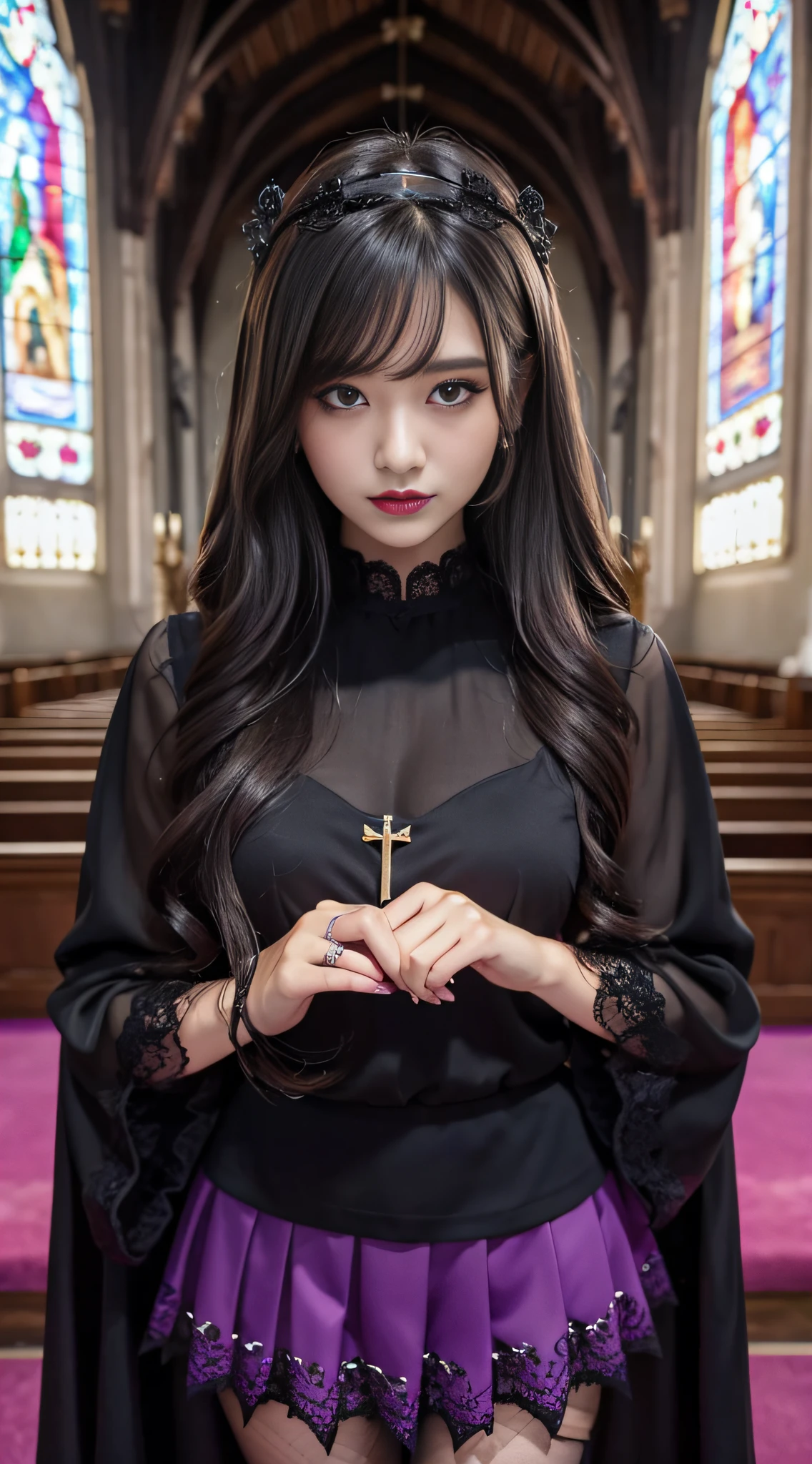 LTRA Details、Fascinating beauty、Dainty woman、Cool Girl、Wavy Hair、Black chiffon dress、Wide sleeves、flered skirt、Black pantyhose、Evil Female Executive、Evil Fall、brainwash、lacy fabric、Glossy legs、black lipstick、Evil look、Suspicious look、Hollow eyes、wicked、Reaching out、Arms up、In the Church、Palm forward、Purple Lipstick