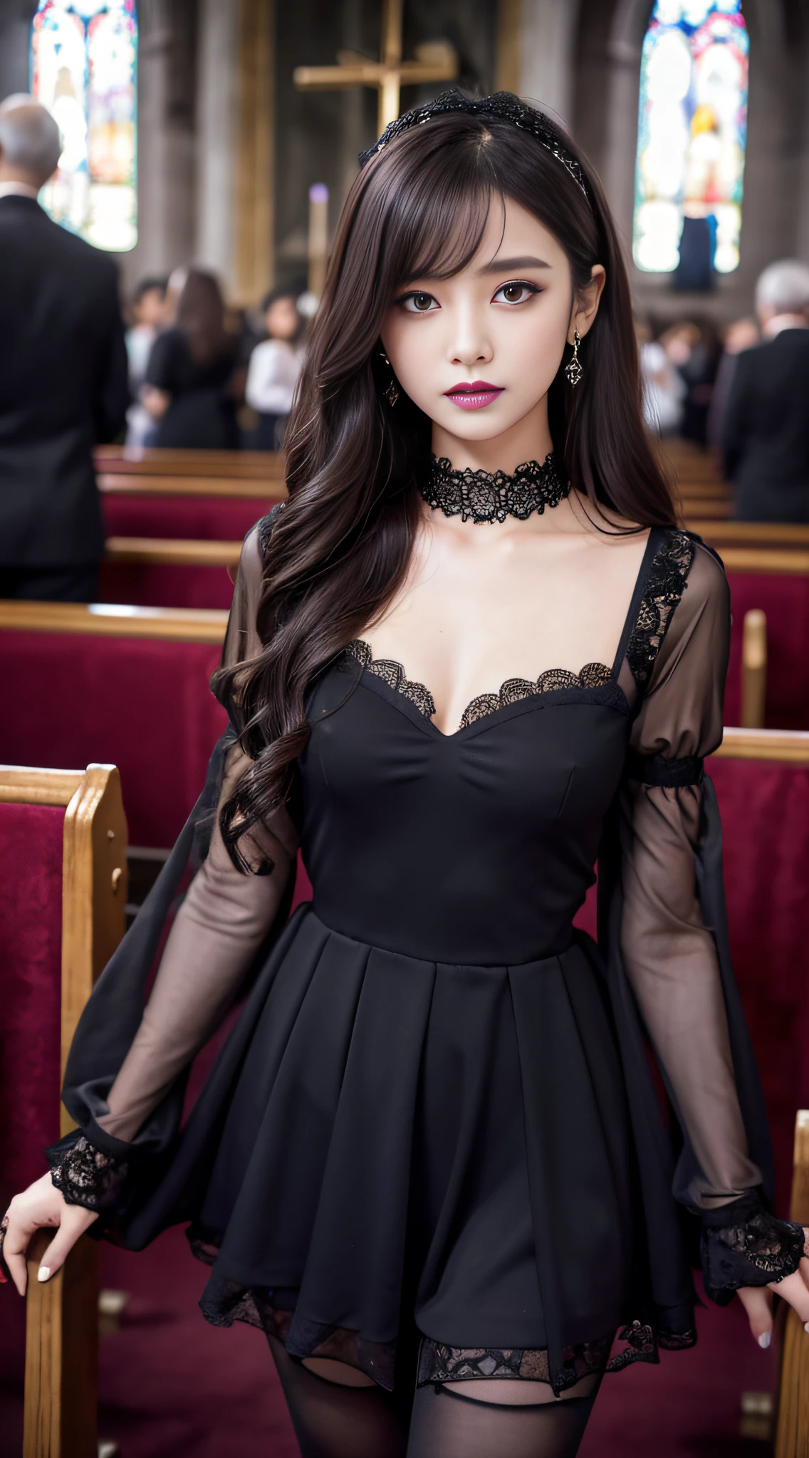 LTRA Details、Fascinating beauty、Dainty woman、Cool Girl、Wavy Hair、Black chiffon dress、Wide sleeves、flered skirt、Black pantyhose、Evil Female Executive、Evil Fall、brainwash、lacy fabric、Glossy legs、black lipstick、Evil look、Suspicious look、Hollow eyes、wicked、Reaching out、Arms up、In the Church、Palm forward、Purple Lipstick