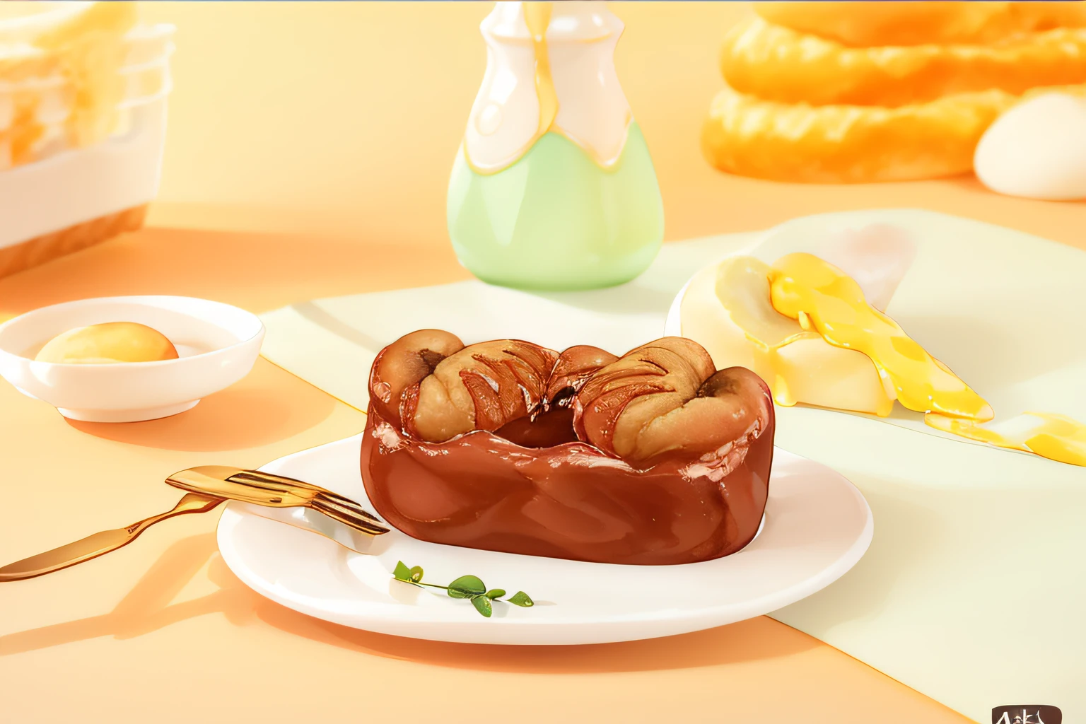 There a plate,Top with pastry and fork, Super realistic food pictures, animal - shaped bread, food commercial 4 k, 4k polymer clay food photography, Pastry shop, breads, glazed, the good ), High quality food photography, product introduction photos, foodphoto, pink glaze, delicacy, Sesame buns, made of glazed, artistation render