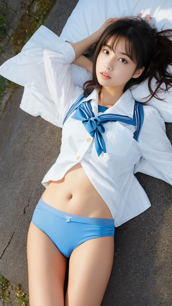 1womanl、Alafed Girl, chiho, iwakura lain, closeup Iwakura Lain, With short hair, Shiori Teshirogi, Kotegawa Yui, hime-cut, She is 20 years old, sui ishida with black hair, lain iwakura, girl cute-fine-face, Clear pubic contours,(Small breasts)(Super beautiful)、(beauitful face:1.5)、(A detailed face:1.5)、(A detailed eye:1.5)、(Detailed lips:1.5)、(Detailed nose)、(Night School,(Lying on her back:1.4),(Spread your legs:1.2)、From above、(Full body shot:1.2)、(shiny light blue panties:1.5)(Tiny panties)、(high-school uniform:1.6)、(a miniskirt:1.1)、(lowfers)、(a wet body:1.1)、(Alley at night)Negative Prompt