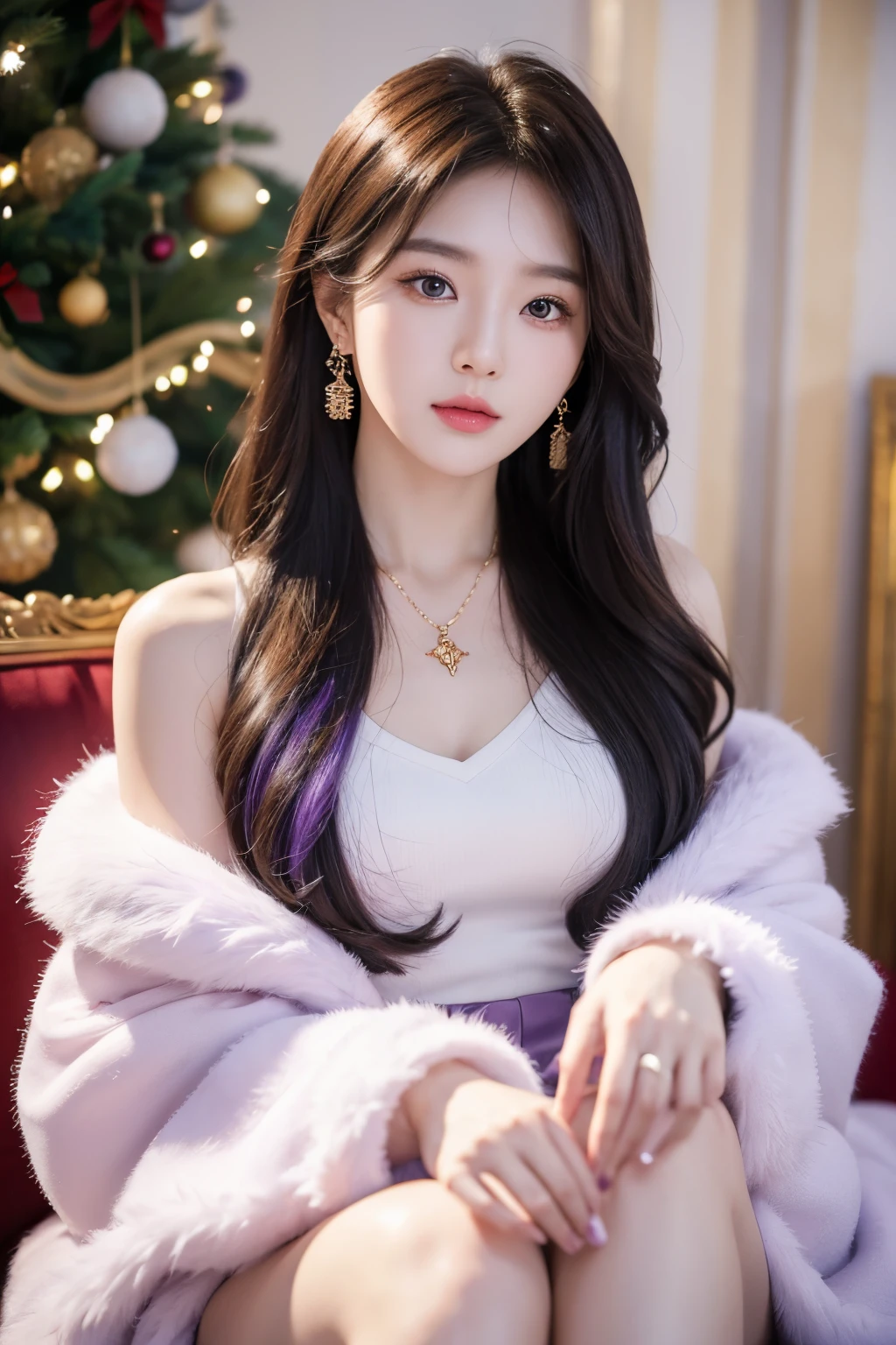 ((Best quality at best,8K,tmasterpiece:1.3)Korean girl drawings during Christmas,She has a sweet and elegant temperament。Her eyes were bright and focused,Open,The hair purple,Wear purple gemstone necklace and earrings。