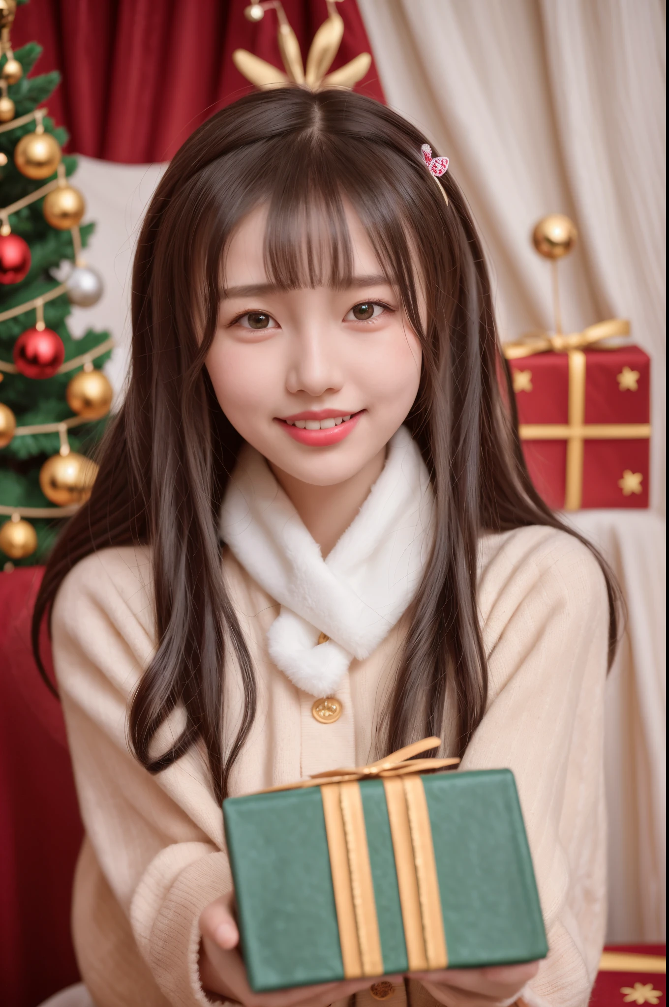 Girl holding green gift box in front of Christmas tree, kawaii realistic portrait, , Cute Korean face, look of joy, Take the gift, cute portrait, Young and cute Korean face, Korean girls, 8k artistic german bokeh,  young and cute girl, Soft portrait shooting 8 K