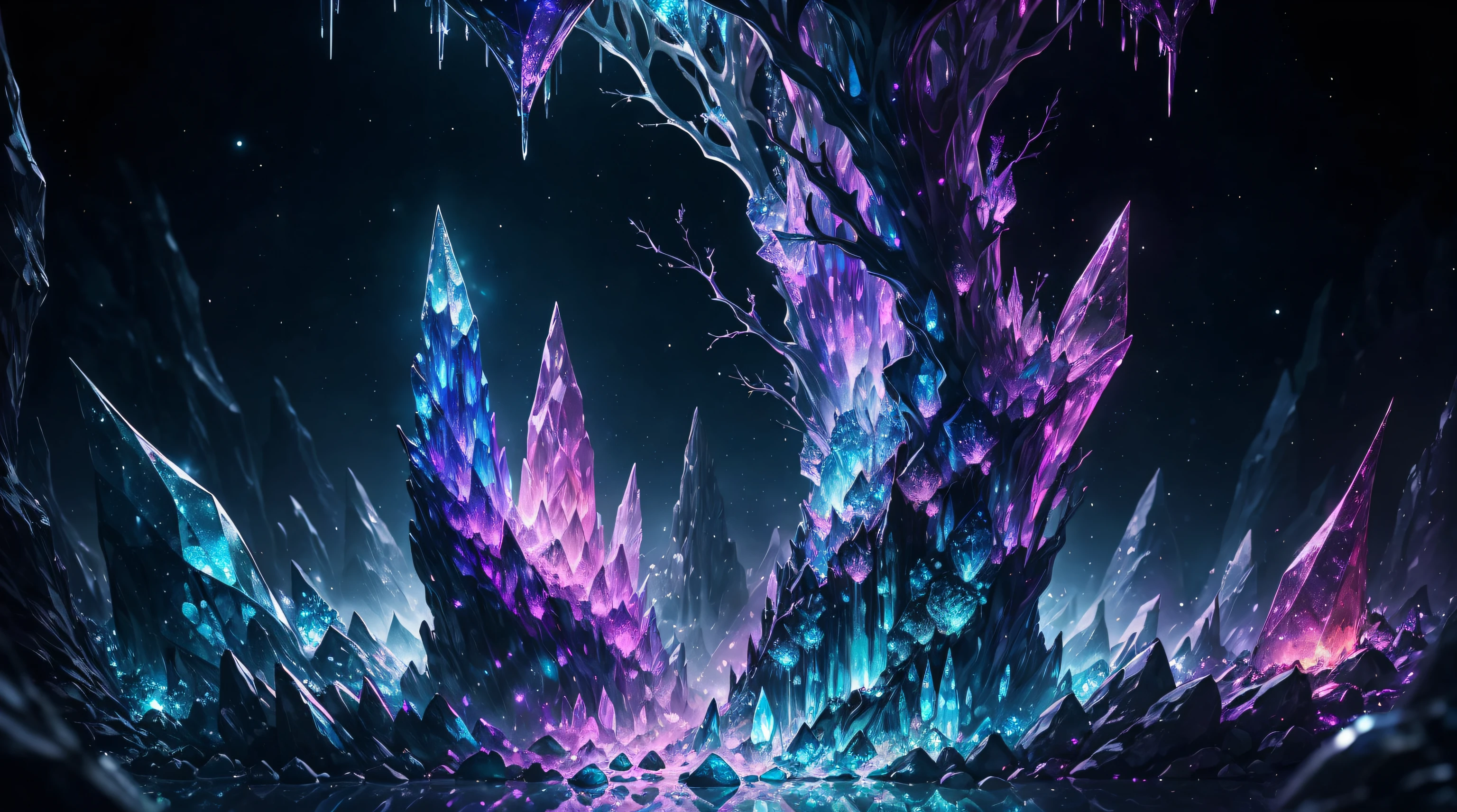 ((Best quality,UHD,Masterpeice)), fantastical crystal cave, ink drip, glimmer, ligjt bokeh, gothic crystalloluminescence lighting, reflective, lifelike, silver, blue, pink tetradic colors