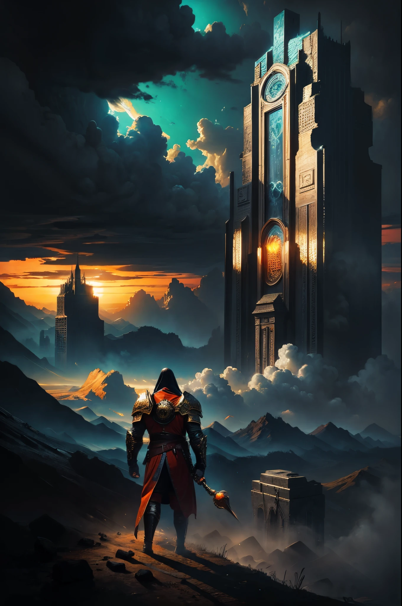pre-rephaëlite painting, Classicism, fading border, masterpiece, ccurate, award winning,D14bl0 style depiction,Genesis,God reaches out his saving hand to man in the clouds,Epic war fantasy digital art,Surrealism, drop shadow, stereogram, tachi-e, pov, atmospheric perspective, 8k, super detail, ccurate, best quality,(greg rutkovsky:0.8), (cyan and orange:0.4),
