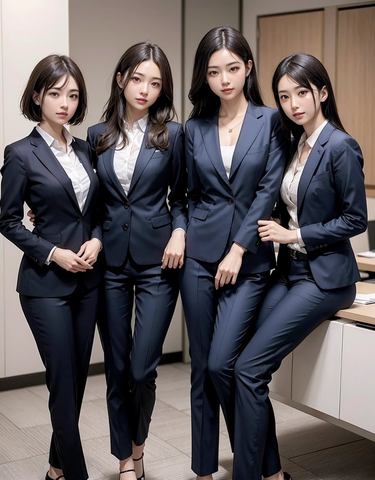 (Masterpiece), (8K, Photorealistic, RAW Photography, Best Quality: 1.4), Japan, Beautiful Face, (Realistic Face), (Medium Hair:1.3), Realistic Eyes, Beautiful Eyes, (Real Skin), Beautiful Skin, Attractive, Ultra High Definition, Ultra Realistic, High Definition, Beautiful Japan woman, grey suit, open jacket, office lady, suit, ((pants)), office, desk, (sticking out buttocks: 1.2), detailed face, long hair, smile, group picture, multiple girls, 4girls, looking at viewer