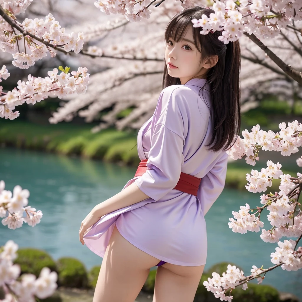 (Purple kimono)、（Get on all fours and stick your butt out）、(top-quality,​masterpiece:1.3,超A high resolution,),(ultra-detailliert,Caustics),(Photorealsitic:1.4,RAW shooting,)Ultra-realistic capture,A highly detailed,high-definition16Kfor human skin、 Natural Skin Texture、、The skin looks healthy with an even tone、 Use natural light and color,One Woman,japanes,kawaii,A dark-haired,very big hair,(depth of fields、chromatic abberation、、Wide range of lighting、Natural Shading、)、(Cherry blossoms in the air:1.2)、(Hair swaying in the wind:1.2)、(Cherry blossoms reflect light:1.1)、Cleavage can be seen through the exposed kimono、Legs visible through exposed kimono（Red garter belt、Crotch visible through exposed kimono、Kneel, spread your legs and look up、(Hair swaying in the wind:1.2)、 Background with: cherry trees、Perfect anatomical body proportions with legs spread:2.8、small red micro panties、Panty shot from the back、Facing forward、 M-shaped legs:2.8、wide open the crotch、Bend your knees、(Legs wide open)、open thigh、Lifting the buttocks to the limit、Yellow water drips from genitals、garterbelts