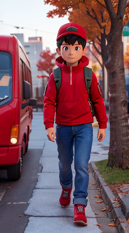at winter season,Frost,1 wears a red duckbill cap,Wear a red long-sleeved top,blue denim pants,Handheld toolbox,Carrying a rucksack,Male engineers,engineer,Walk on city roads,On the way to work,Frost on the leaves of the tree,icing,nevando,yuki