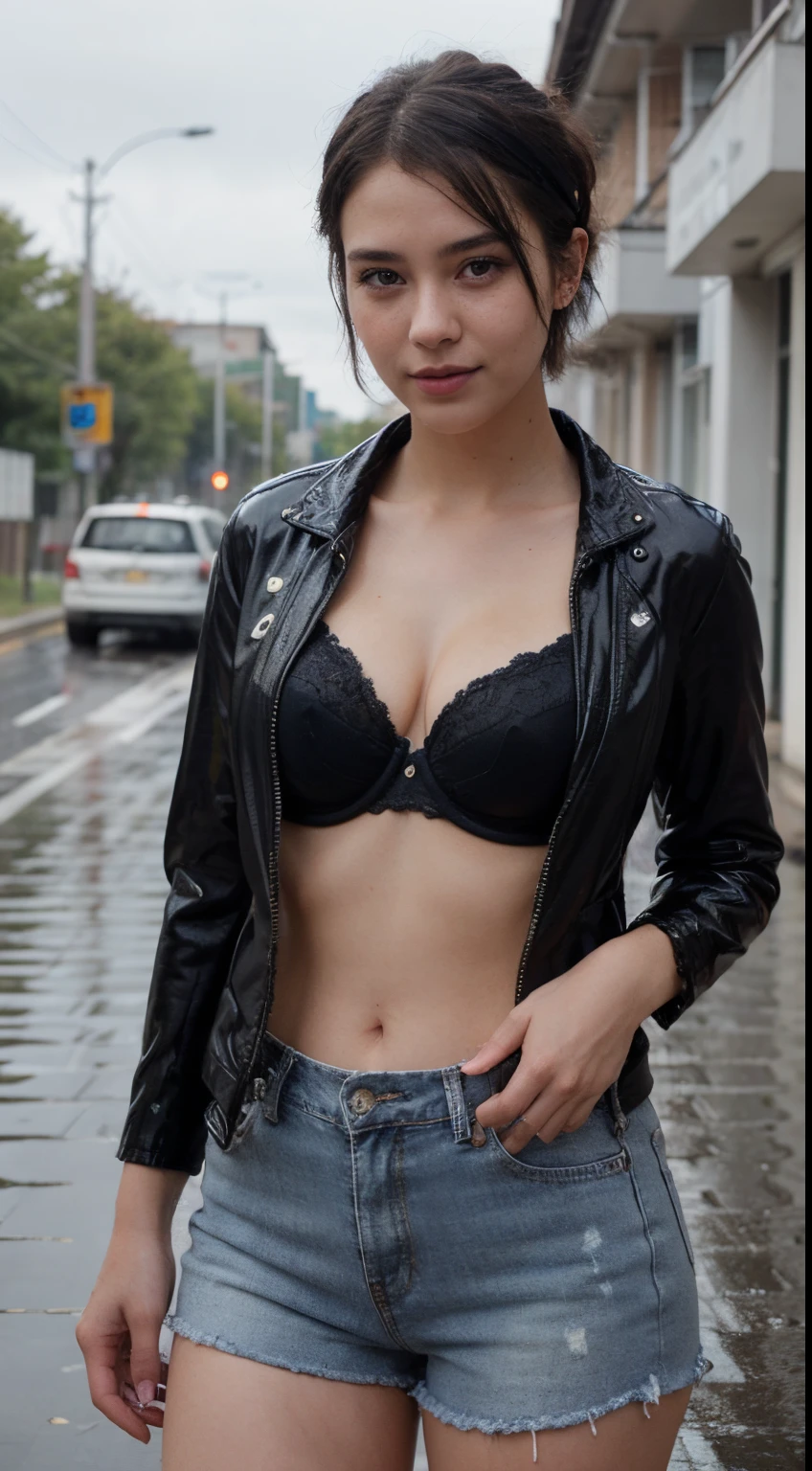 (((Black Headband on short hair))), (((Wearing opened black latex jacket revealing bra with jeans shorts))),(((reading a book))),(((looking at viewer:1.5))),(((view full body))),(((Photographing a girl from) )),ulzzang-6500-v1.1, (Raw photo:1.2), (Photo realistic:1.4), a beautiful detailed girl, extremely detailed eye and face, beautiful detailed eyes, ultra-detailed, High resolution, top-quality, masterpiece, highly detailed, 8k wallpaper, Wonderful, finely detail, top-quality, Light on the face,电影灯光,1girl in, (Rainy road),Beautiful eyes,teary eyes, smile,Opening Mouth