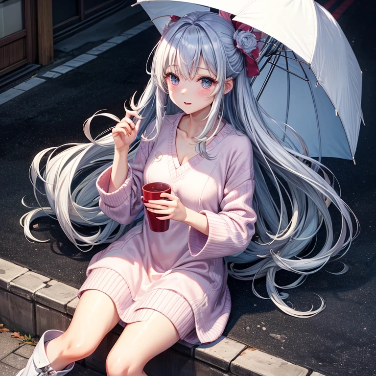 top-quality, hight resolution, 8K images,best qualtiy,hight resolution、A woman who is cute no matter who sees her、Stain cheeks red、Highly detailed CG Unity 8K wallpapers,1girl in, 独奏, Silver hair, Absolute area、Looking at the camera、(Illustration ratio:1.1)、Streets of Tokyo、during daytime、Pink V-neck knit dress、wearing a white wool coat、long boots、hight resolution、foco nítido