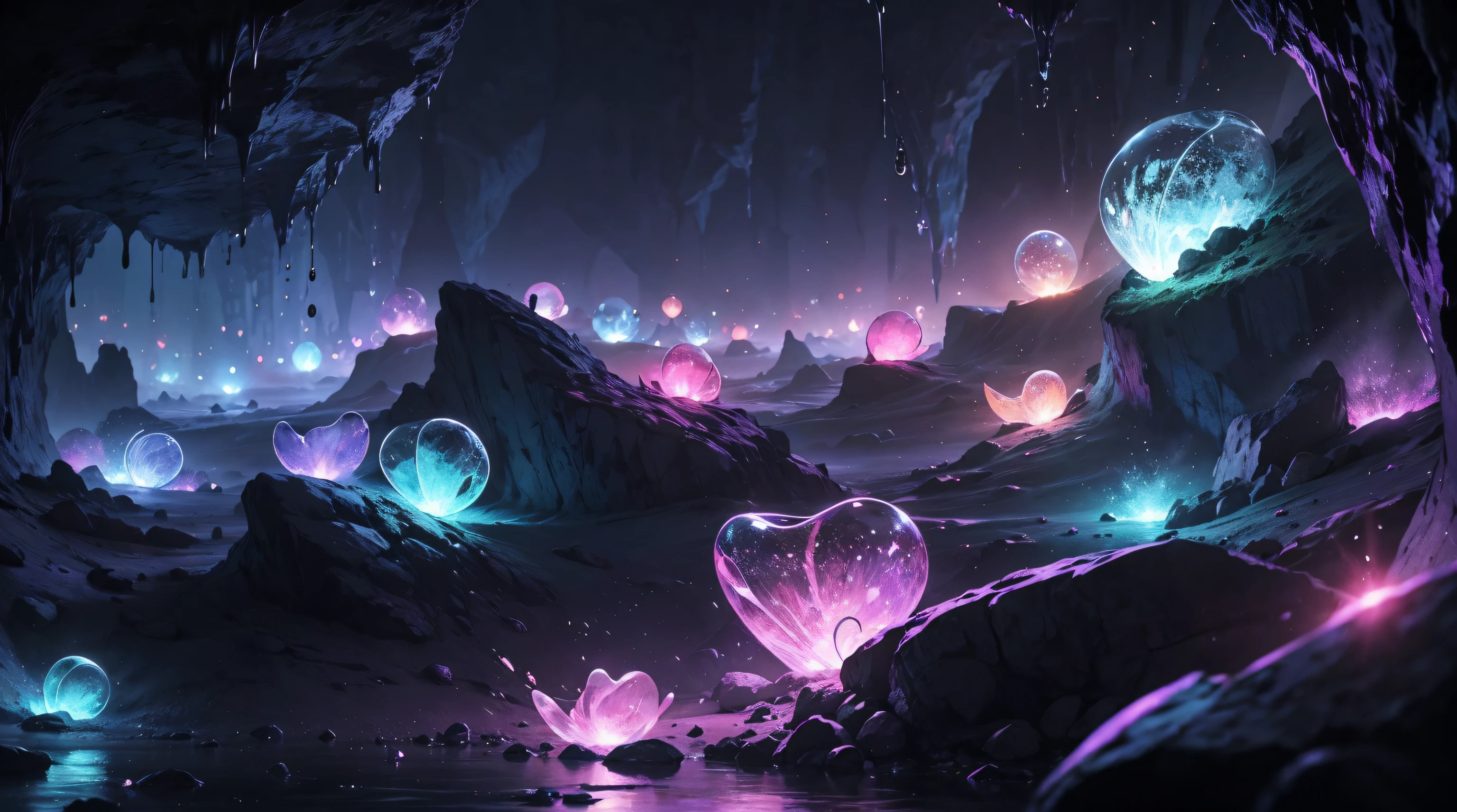 ((Best quality,UHD,Masterpeice)), fantastical crystal cave, ink drip, glimmer, ligjt bokeh, crystalloluminescence lighting, reflective, lifelike, silver, blue, pink tetradic colors