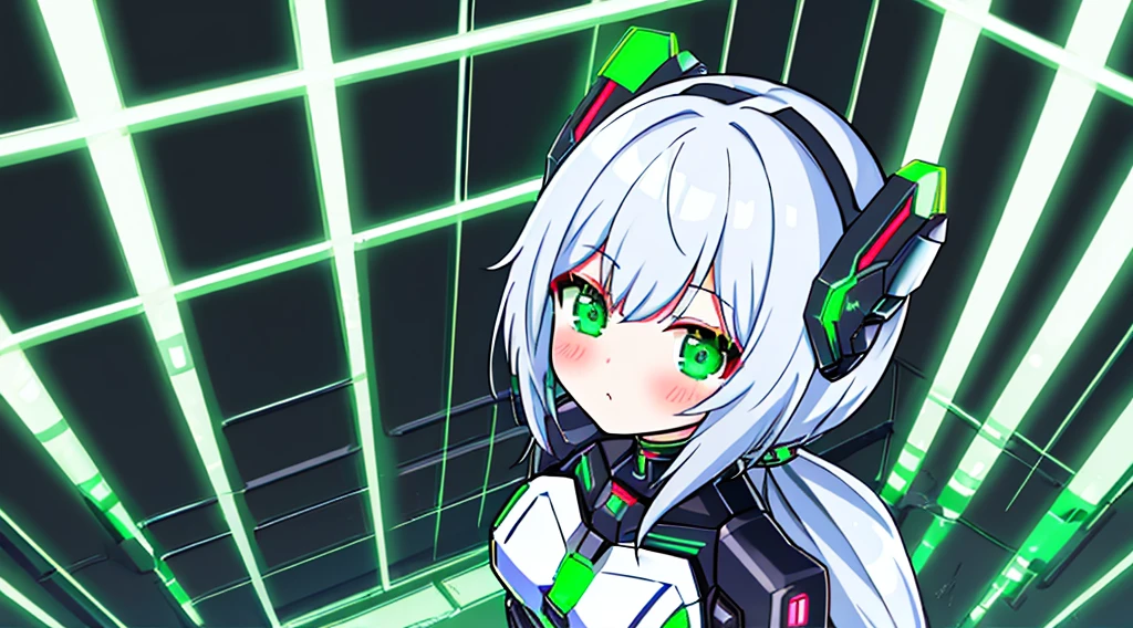 (From directly above、Overhead view)cybersuit, Cyberpunk anime girl mecha, cyborg - girl with silver hair, Cyborg girl, 动漫赛博朋克艺术, Perfect Anime Cyborg Woman, Digital cyberpunk anime artwork background green neon light.、Detailed Cyber City、Angle directly above