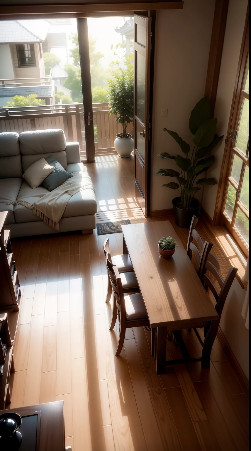 interior design、Insanely detailed wide-angle architectural photo、Cozy contemporary living room、(Bright and warm sunlight 1:0.1)、Award-winning contemporary interior design、landscapes、The table、a chair、in a house、Wooden flooring、window、resturant、east asian east asian architecture、sliding  doors、abajour、architectural、the woods、naturey、cups、a plant、interior design、Insert lighting and shadows、depth of fields、low illuminance