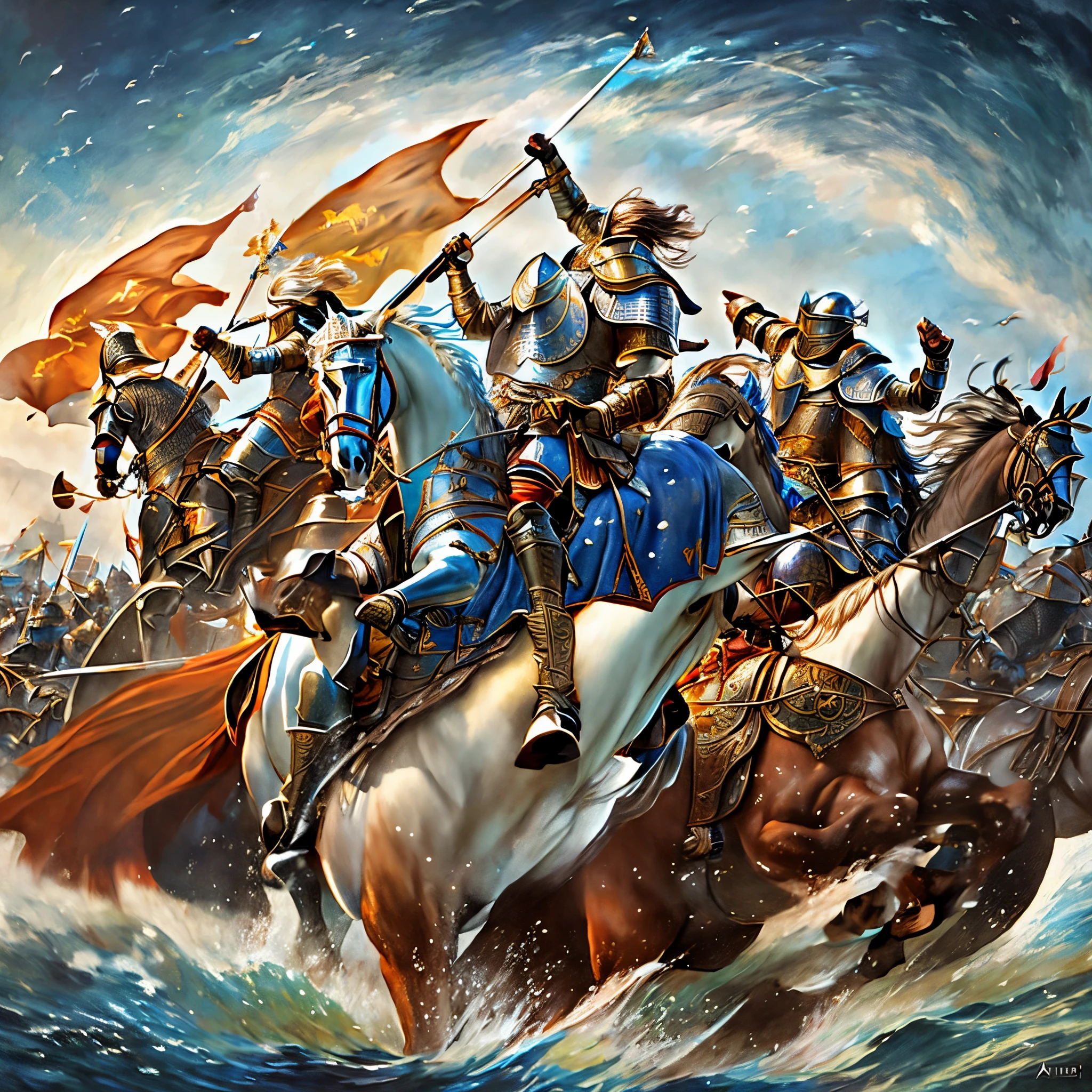 There are many people riding horses underwater, knights in battle, by Hristofor Žefarović, medieval fantasy battle, by Artur Tarnowski, medieval fantasy illustration, epic full color illustration, epic battle scene, award - winning epic painting, heroic battle scene, Roman Bezparkiv