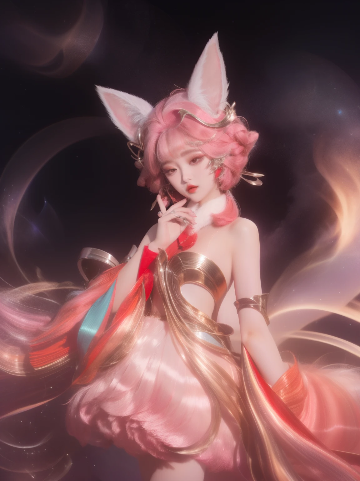 Real Human,photorealestic,Fine hair details,WZRY Dajiwang , looking at viewert, looking over city, natta, Eternal, a skirt,Animal ears, hair adornments, cosmetics,
