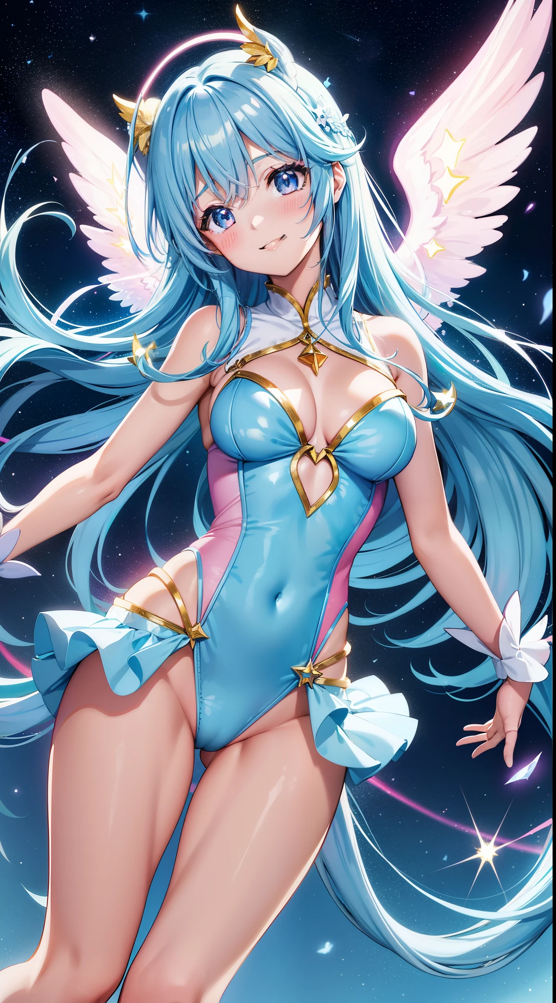 Super Idol a beauty girl A charming smile sky blue hair length hair Twin-tailed Glittering pink, white, Blue, Yellow leotards you've never seen before Looking at the camera angels have 7 big wings'Came back、and it's colorful. Fantasia constellation a moon Crystal Brilliance Aurora Borealis in the Night Sky