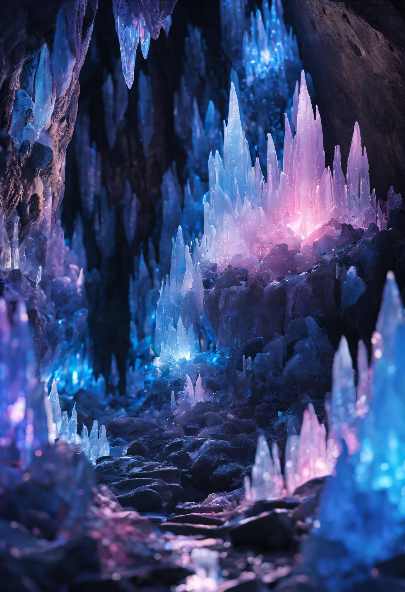 ((Best quality,UHD,Masterpeice)), fantastical crystal cave, ink drip, glimmer, ligjt bokeh, crystalloluminescence lighting, reflective, lifelike, silver, blue, pink tetradic colors