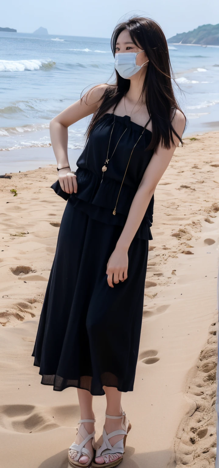 Wear light-colored clothing、Woman wearing mask standing on beach, Long skirt woman, Long dress, long skirt, Very very low quality, Height 165 cm, Height 155 cm, middle distance vision