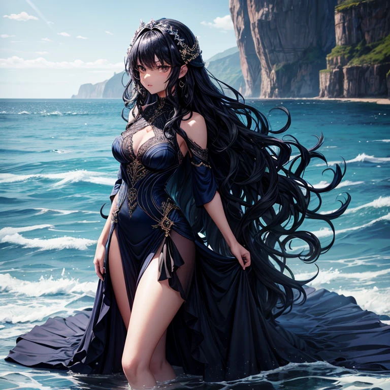 Dark blue skin mermaid female with legs ,black wavy hair. Standing up long dress
