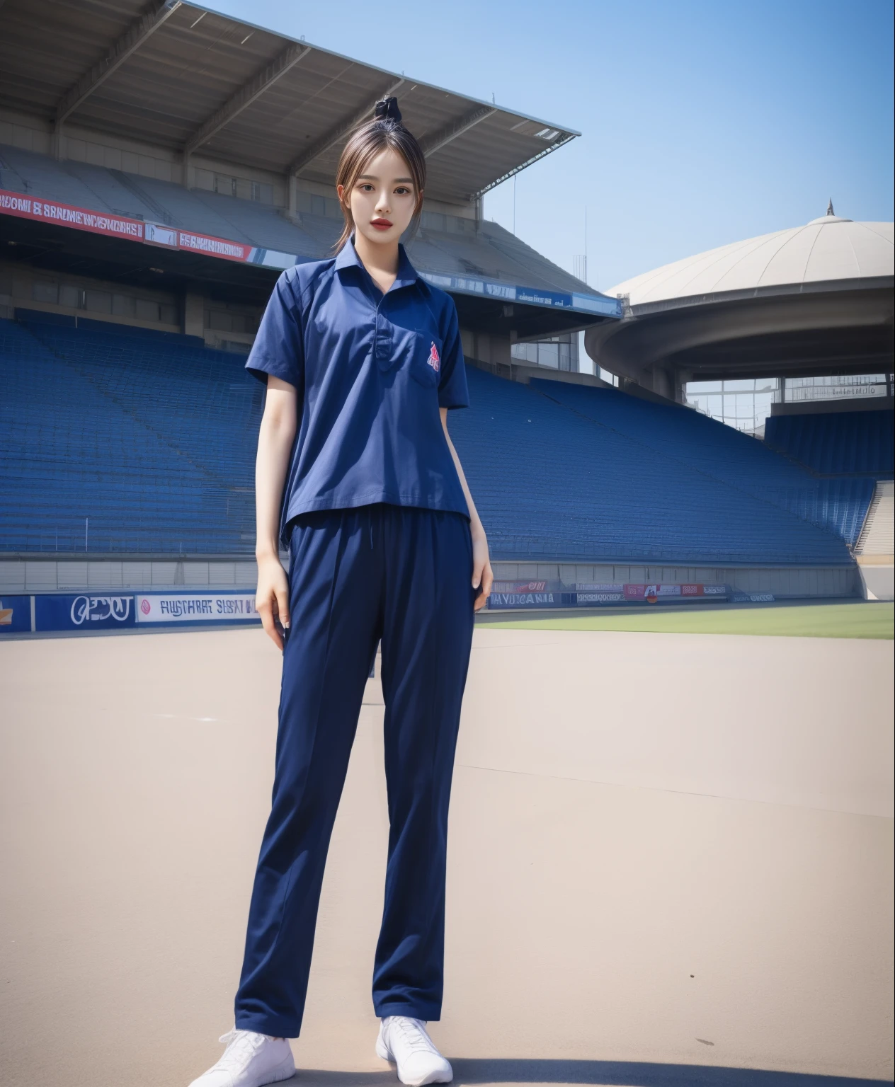 (bestquality,10,10,highres,masterpiece:1.2),ultra-detail,(Realistic,photorealistic portrait,photo-realistic:1.37),1 Cute girl in the football field,oily shiny skin,bara,light smile,BDclothelue shirt:1.3)),short sleeves,shirt, trousers.,(navy_long_Pants Track:1.1), ((Stadium Background:1.3)),dynamic angle,excited,face focus,Dynamic Poses,from behide,Ass Focus,masterpiece, bestquality, ultra realistic, hyper-detail, 8k resolution, RAW photo, crisp focus, ((Navy blue shirt:1.1)), short sleeves, Long Path, Perfect body, 2 mature women, 18yo, cinematic light,Blue sweatpants,Gymware,Correct anatomy,Complete body, Correct body, sharp face, Anatomically correct body, full entire body, Realistic gestures, long-haired, Realistic poses,Wear long shorts.................................,Long leg span,Shapely,Sculpting Girl, Slender Figure, mannequin mannequins, Shapely, Beautiful body,Blue sweatpants, Two girls kissing