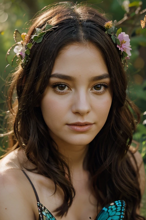 portrait of a beautiful fairy, flower crown, butterfly and firefly on background