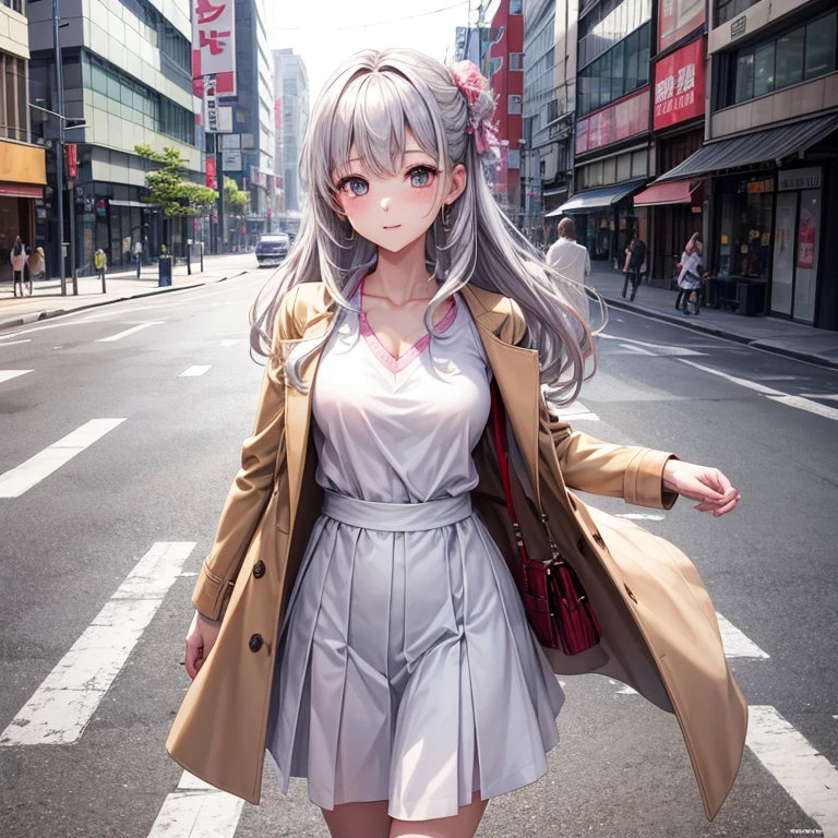 top-quality, hight resolution, 8K images,best qualtiy,hight resolution、A woman who is cute no matter who sees her、Stain cheeks red、Highly detailed CG Unity 8K wallpapers,1girl in, 独奏, Silver hair, Absolute area、Looking at the camera、(Illustration ratio:1.1)、Streets of Tokyo、during daytime、Pink V-neck knit、wearing a beige down coat、white long skirt、hight resolution、foco nítido